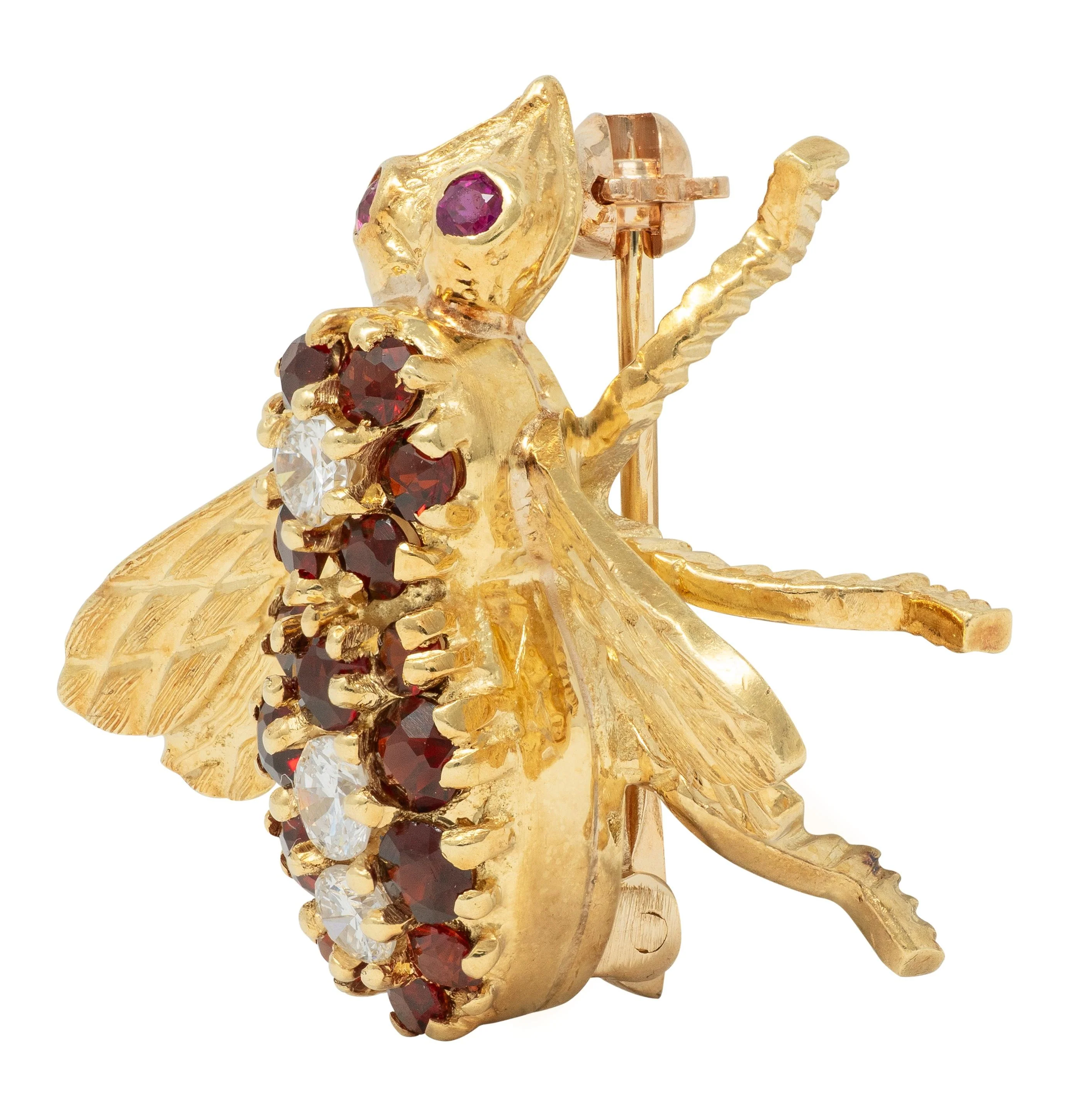 Rosenthal 1960's Diamond Ruby Citrine 18 Karat Yellow Gold Vintage Bee Bug Brooch - Image 3
