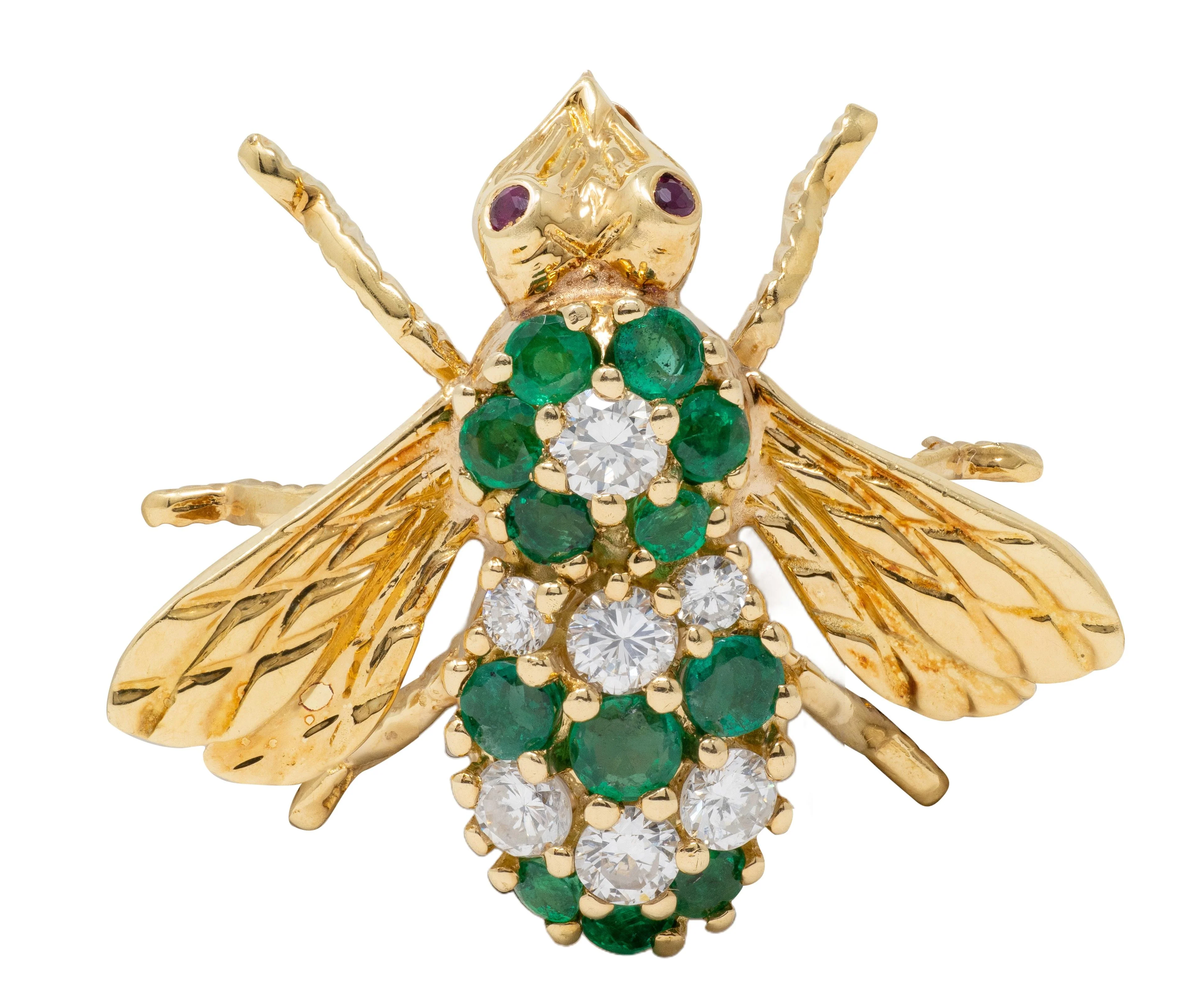 Rosenthal 1980's Diamond Emerald Ruby 18 Karat Yellow Gold Vintage Bee Brooch