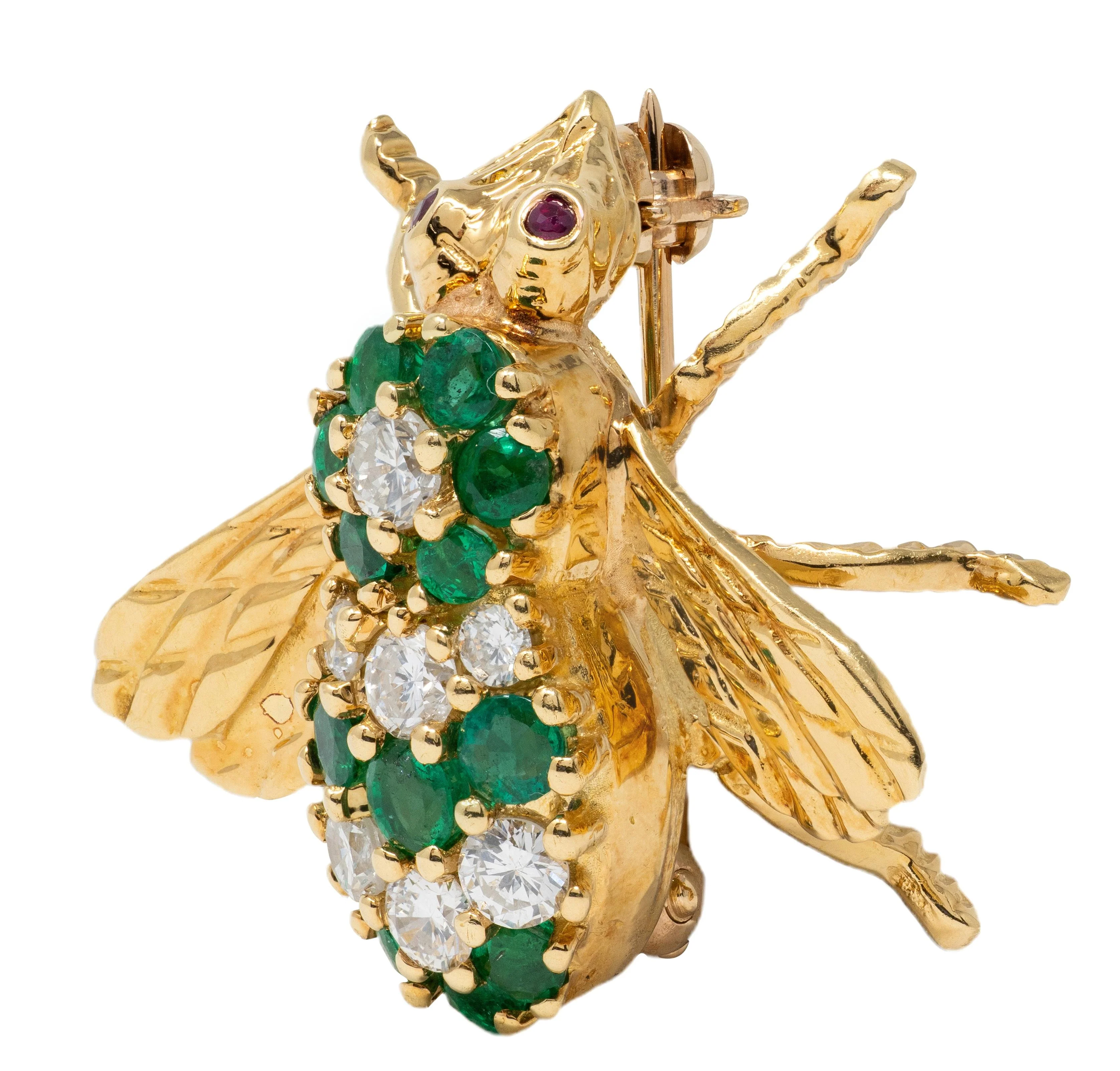 Rosenthal 1980's Diamond Emerald Ruby 18 Karat Yellow Gold Vintage Bee Brooch - Image 5