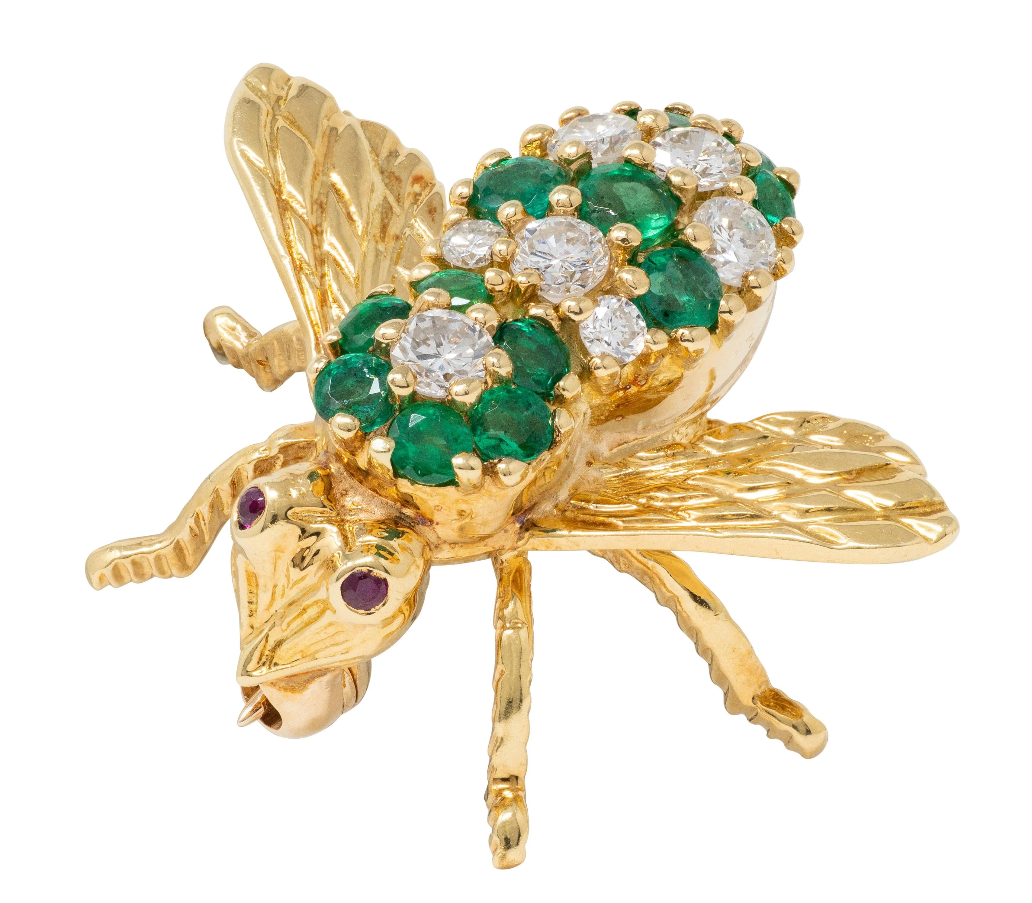 Rosenthal 1980's Diamond Emerald Ruby 18 Karat Yellow Gold Vintage Bee Brooch - Image 7