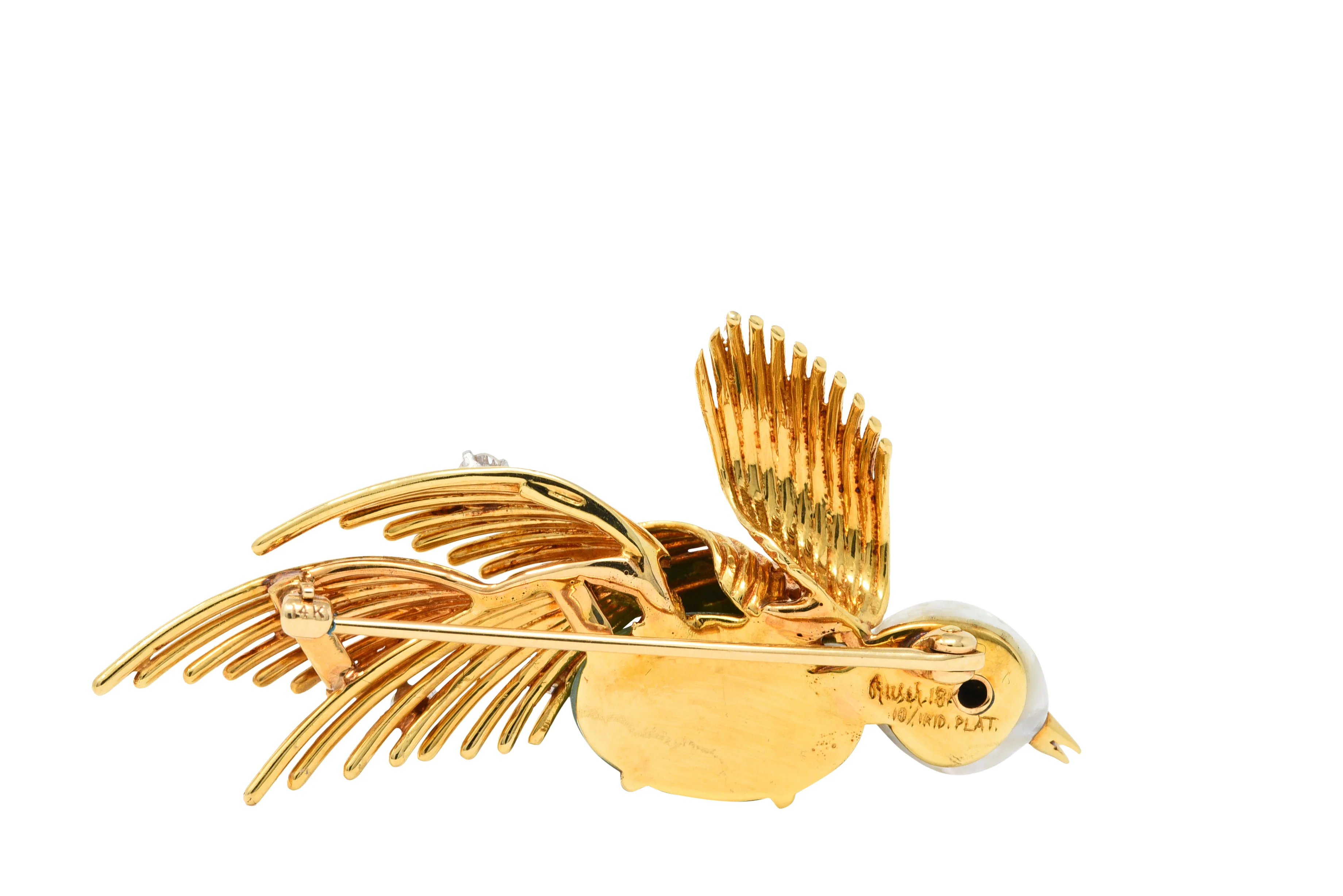 Ruser Jade Baroque Pearl Diamond Sapphire Platinum 18 Karat Gold Bird Brooch Circa 1960 - Image 4