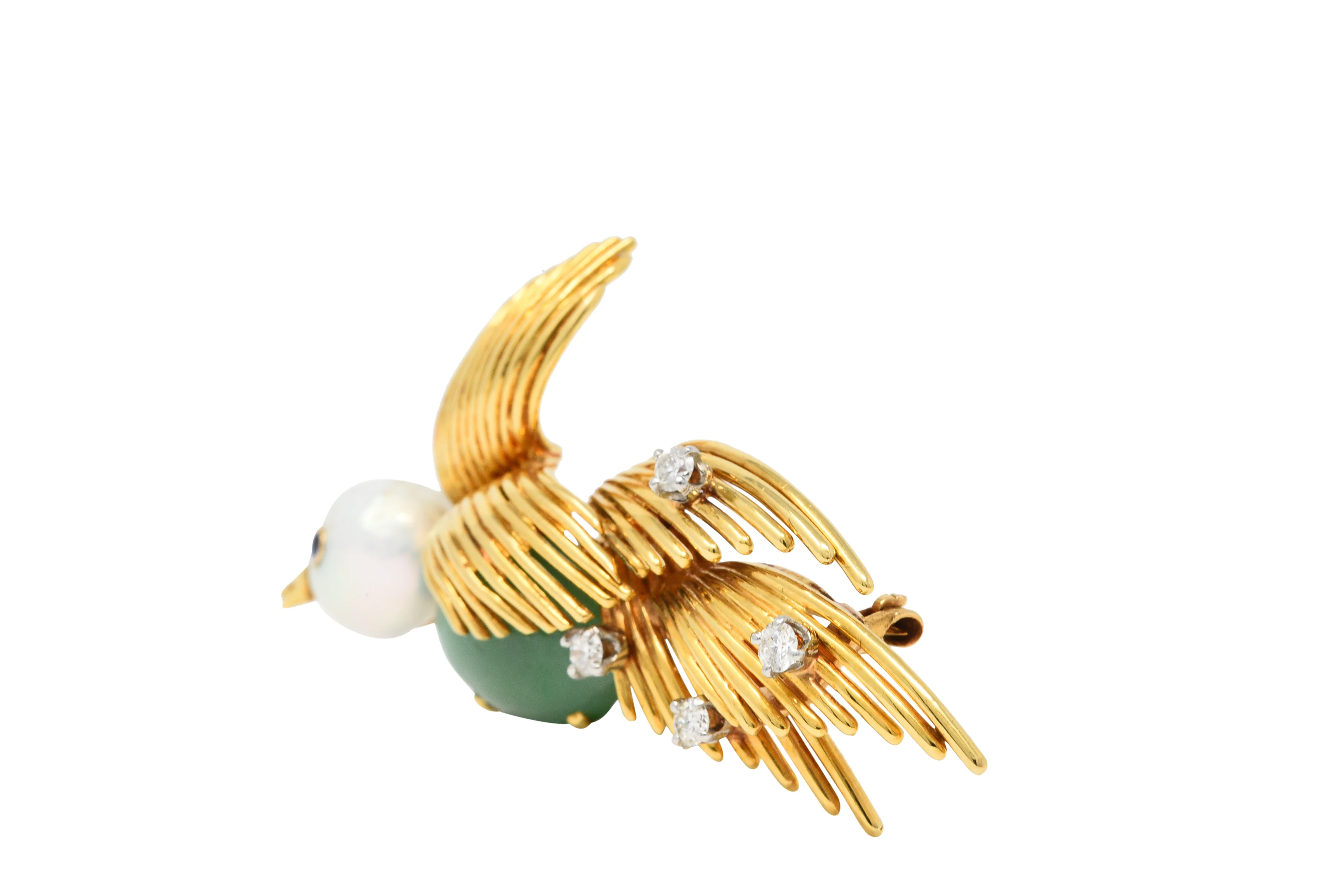 Ruser Jade Baroque Pearl Diamond Sapphire Platinum 18 Karat Gold Bird Brooch Circa 1960 - Image 6
