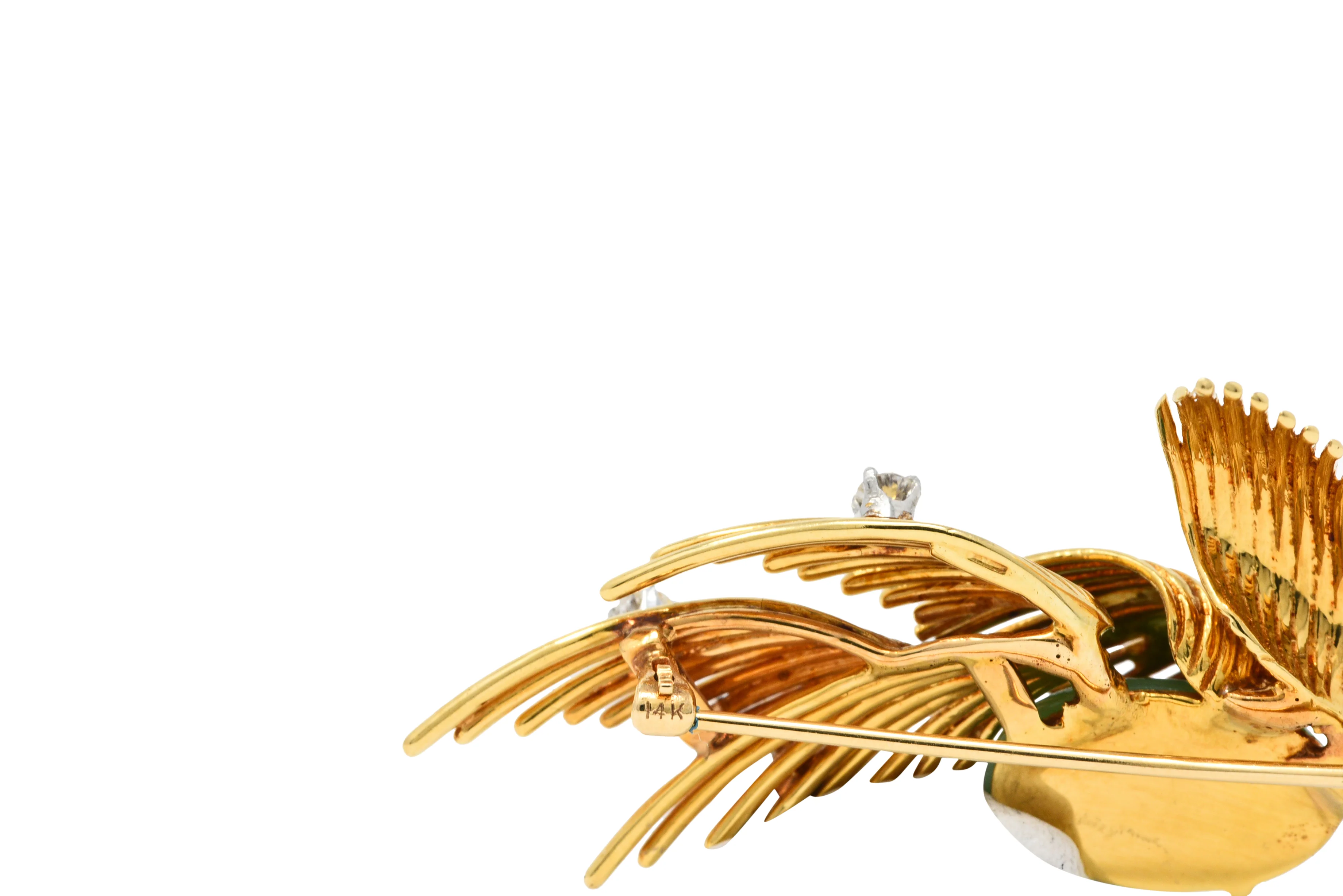 Ruser Jade Baroque Pearl Diamond Sapphire Platinum 18 Karat Gold Bird Brooch Circa 1960 - Image 8