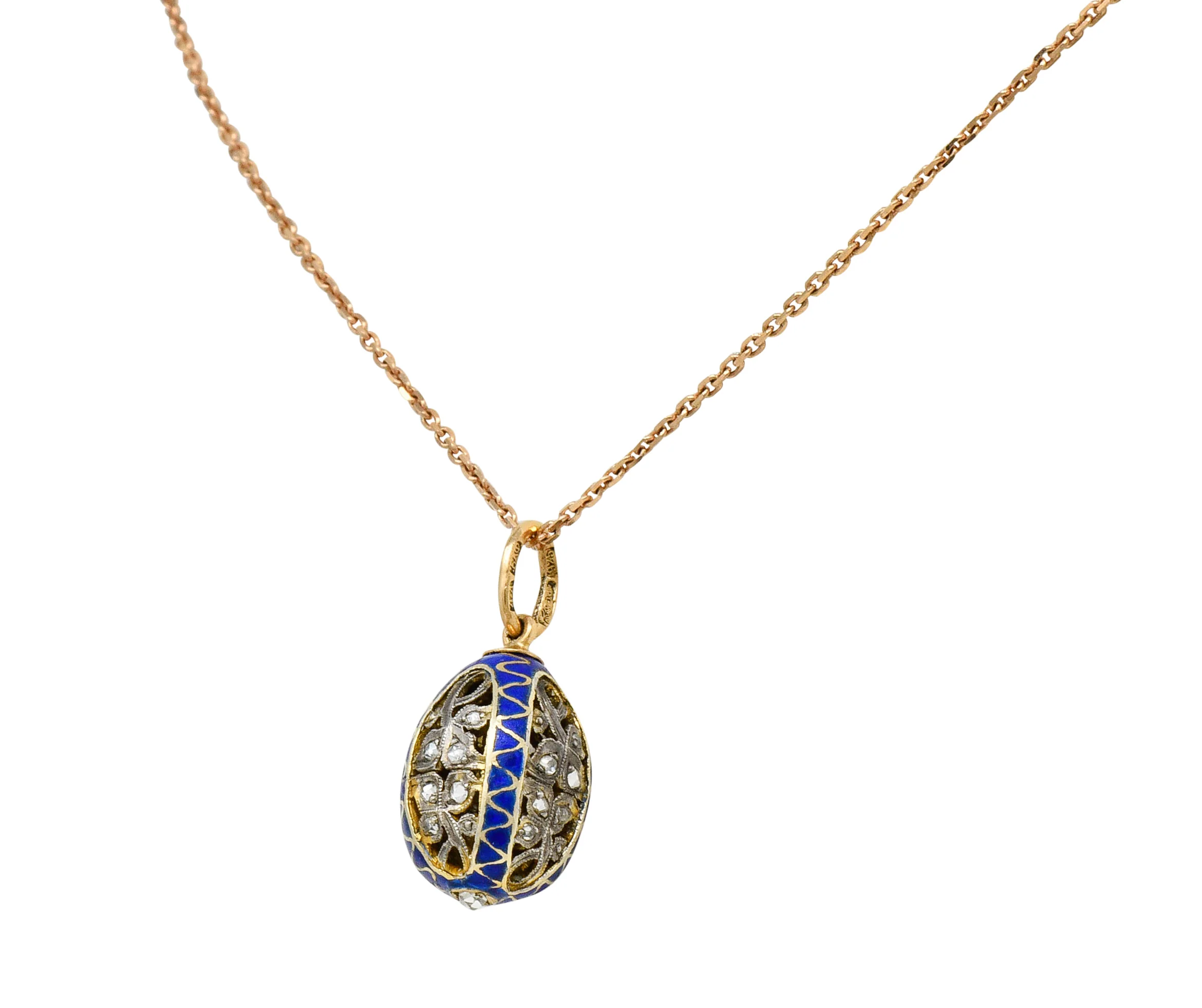 Russian Rose Cut Diamond Sterling Silver 14 Karat Gold Egg Pendant Necklace Circa 1920 - Image 3