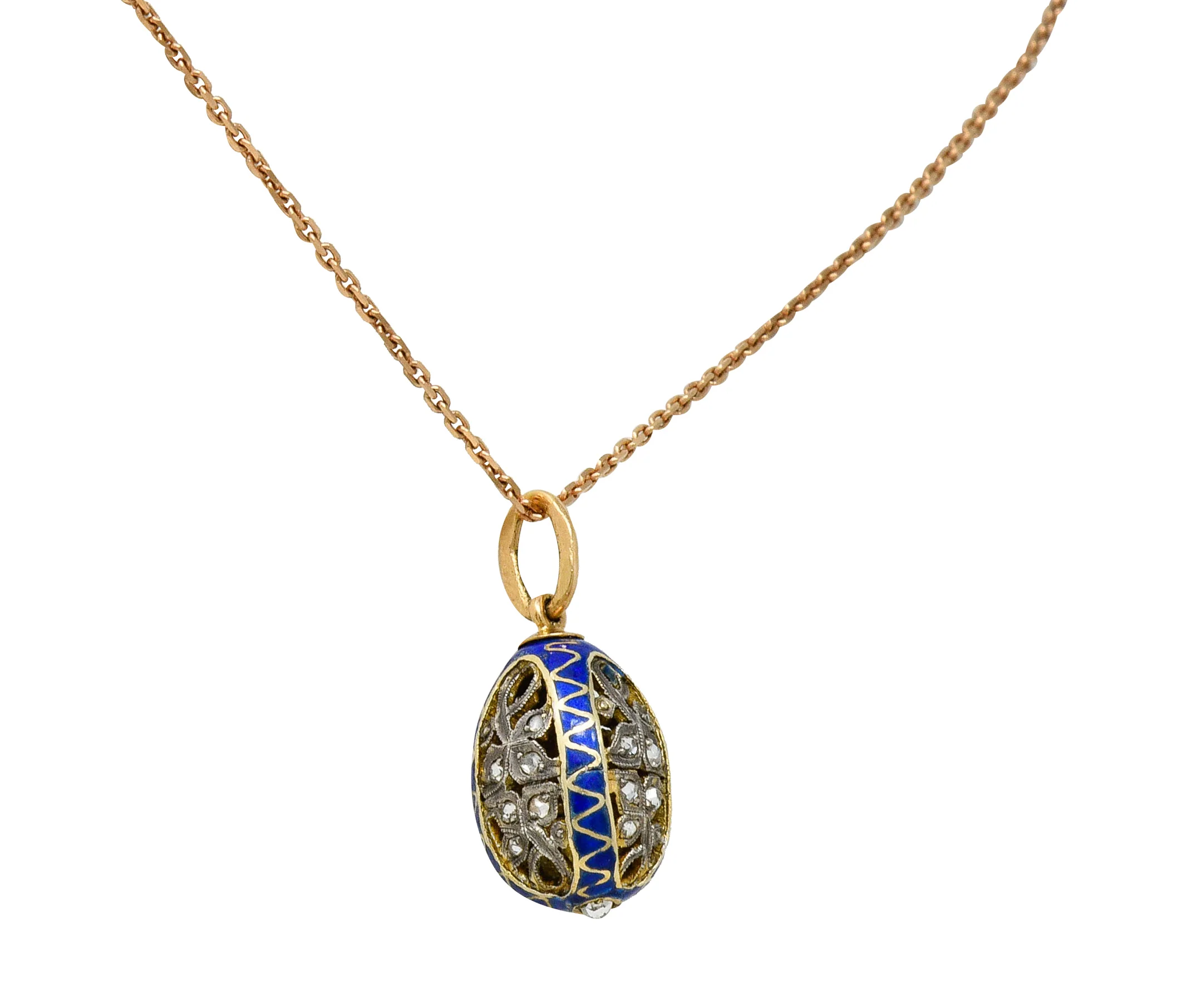 Russian Rose Cut Diamond Sterling Silver 14 Karat Gold Egg Pendant Necklace Circa 1920 - Image 4