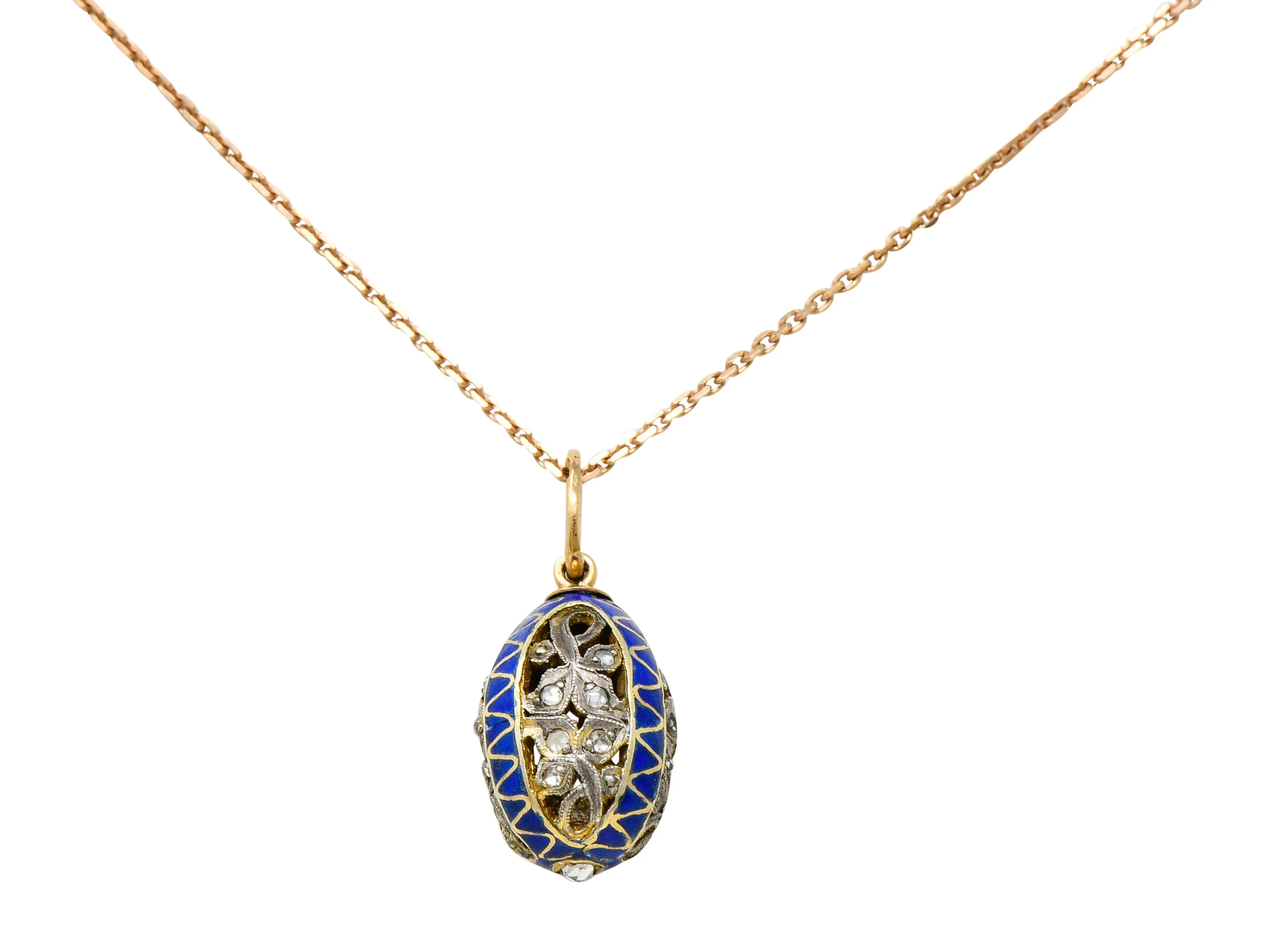 Russian Rose Cut Diamond Sterling Silver 14 Karat Gold Egg Pendant Necklace Circa 1920 - Image 7