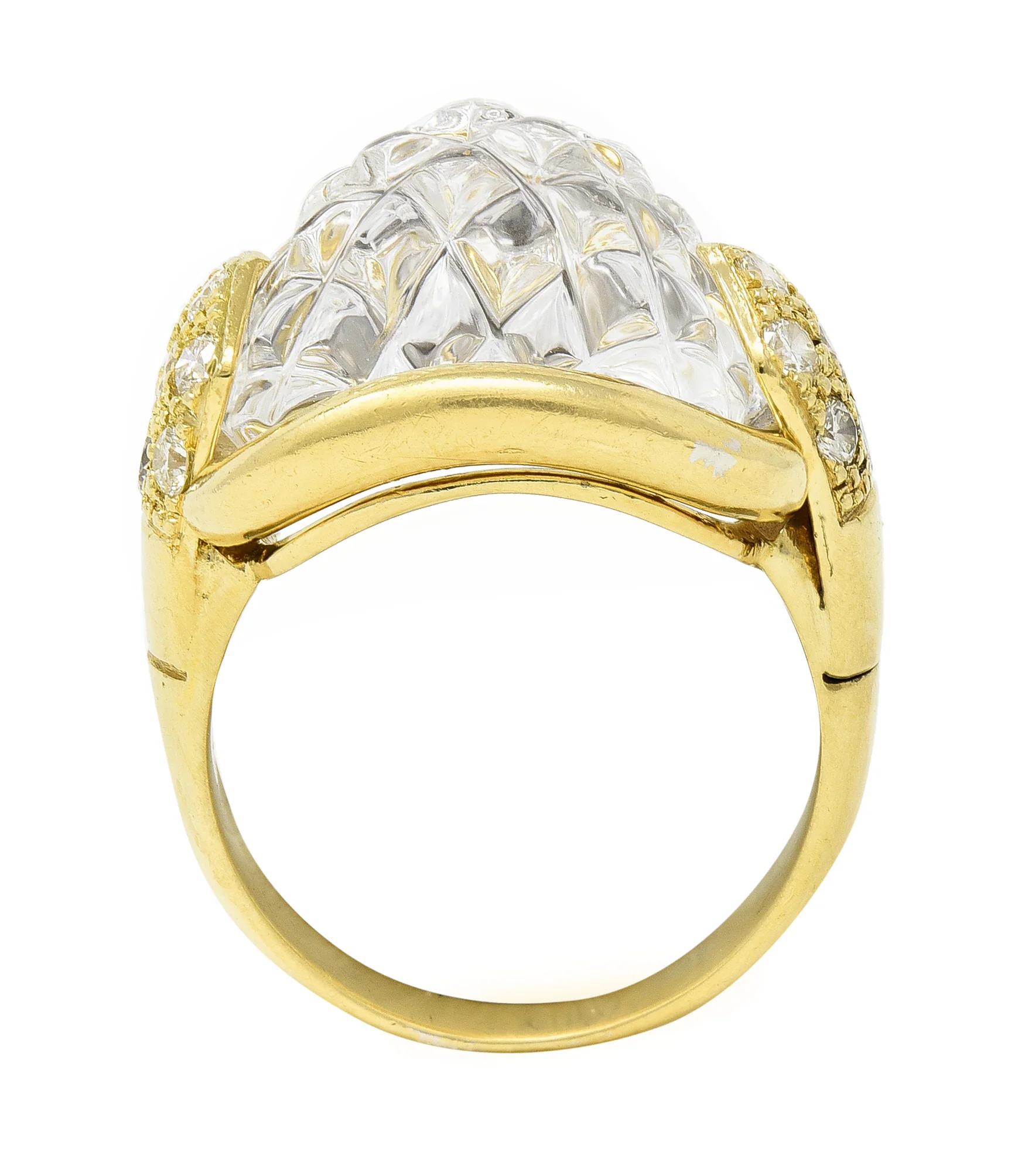 Sabbadini 1980's 0.56 CTW Diamond Carved Rock Crystal Quartz 18 Karat Yellow Gold Vintage Ring - Image 2