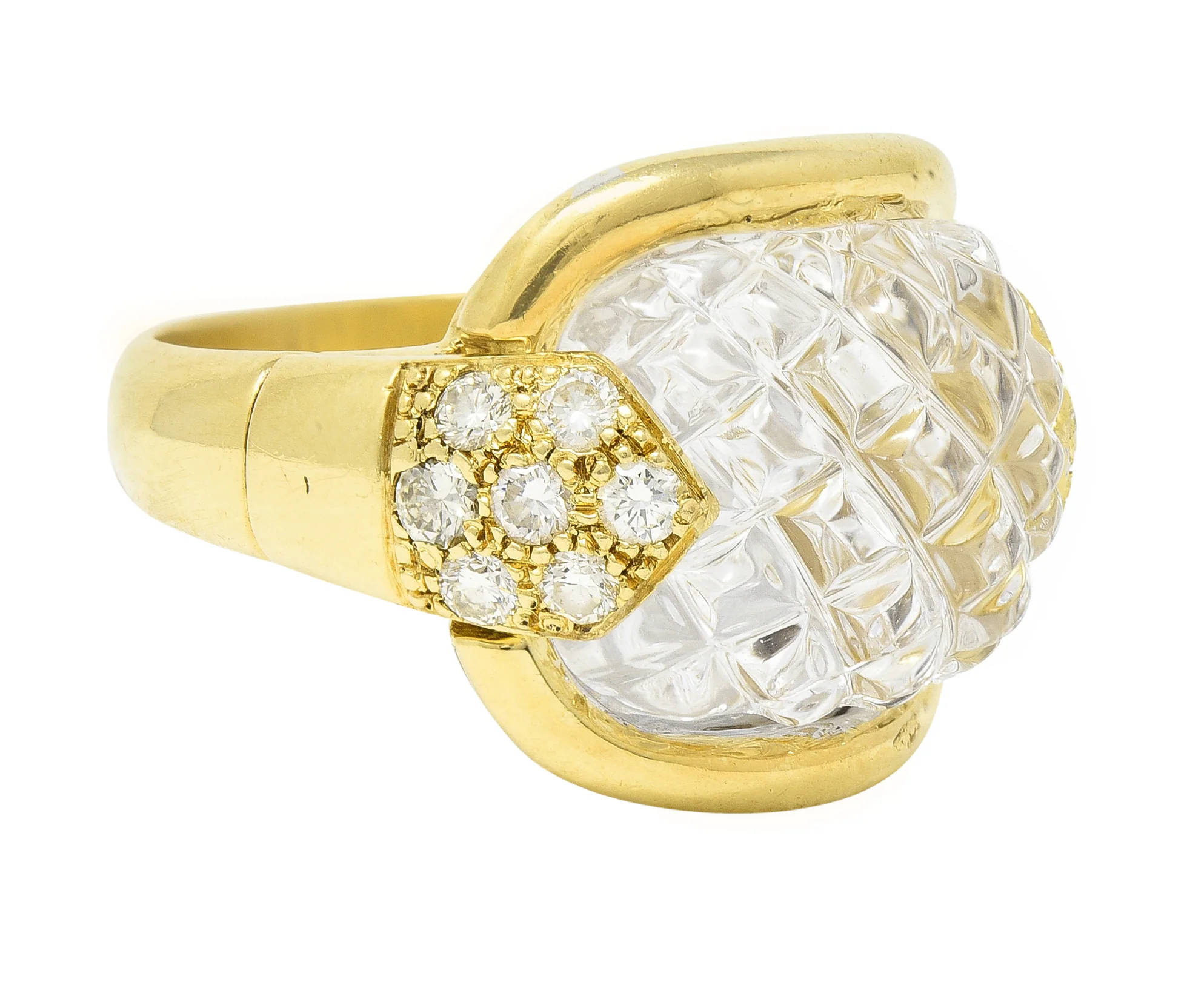 Sabbadini 1980's 0.56 CTW Diamond Carved Rock Crystal Quartz 18 Karat Yellow Gold Vintage Ring - Image 3