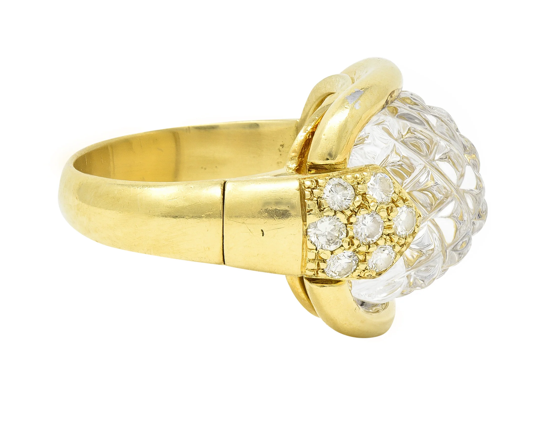 Sabbadini 1980's 0.56 CTW Diamond Carved Rock Crystal Quartz 18 Karat Yellow Gold Vintage Ring - Image 4