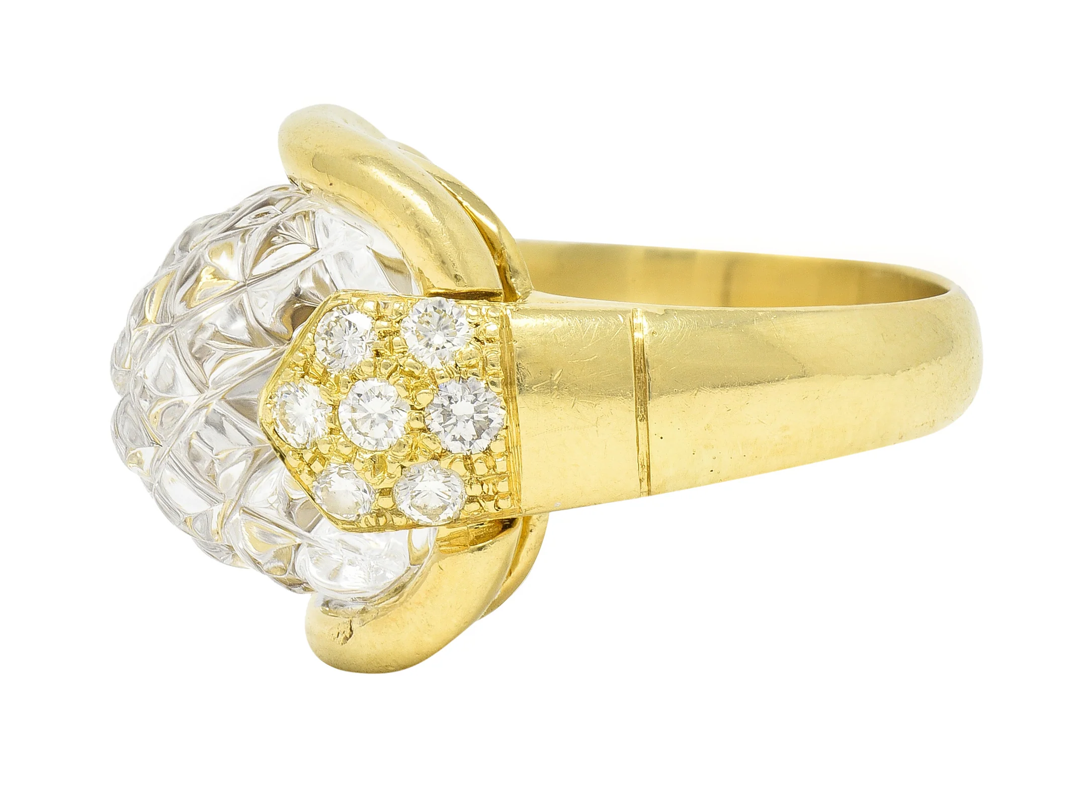 Sabbadini 1980's 0.56 CTW Diamond Carved Rock Crystal Quartz 18 Karat Yellow Gold Vintage Ring - Image 6