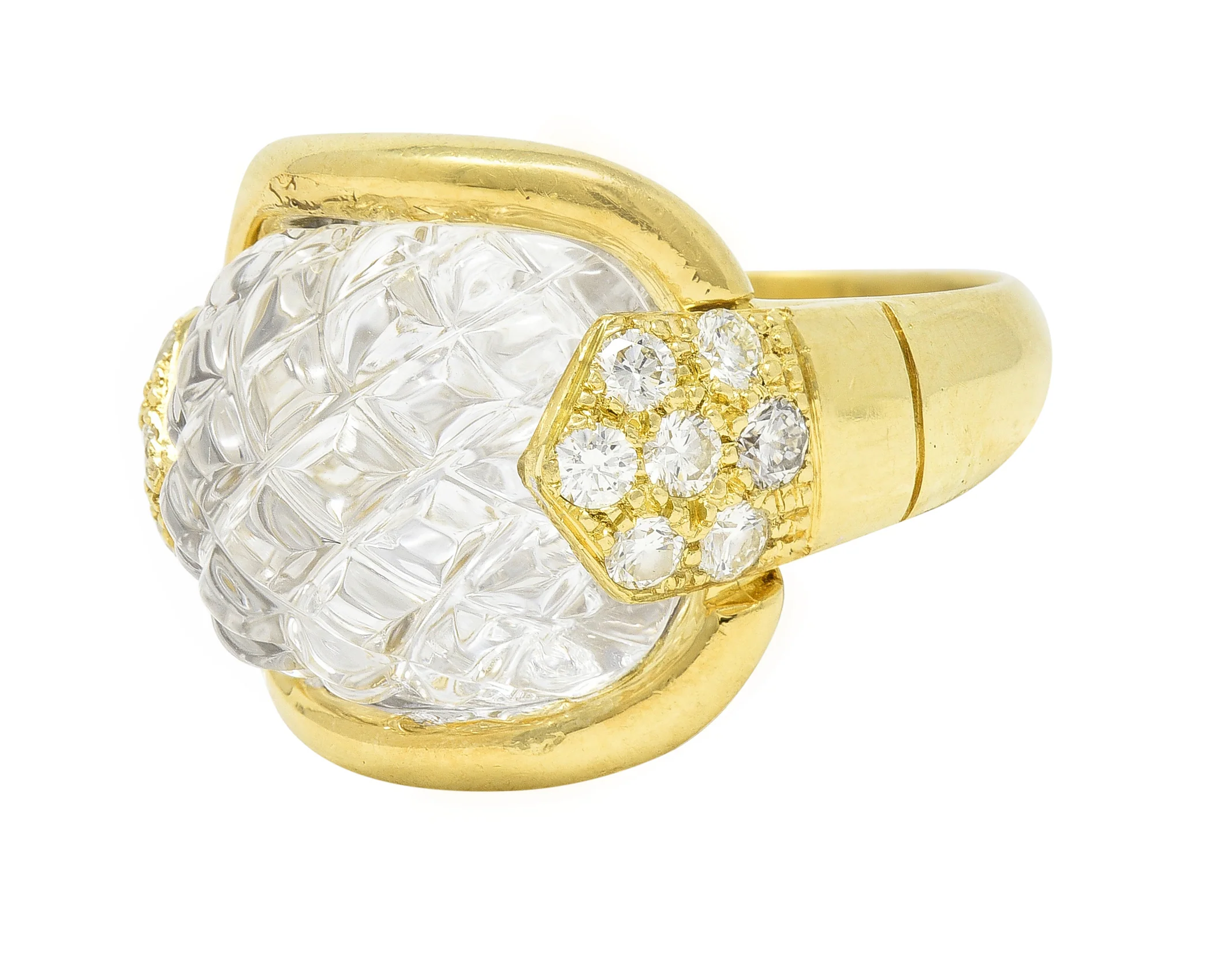 Sabbadini 1980's 0.56 CTW Diamond Carved Rock Crystal Quartz 18 Karat Yellow Gold Vintage Ring - Image 7
