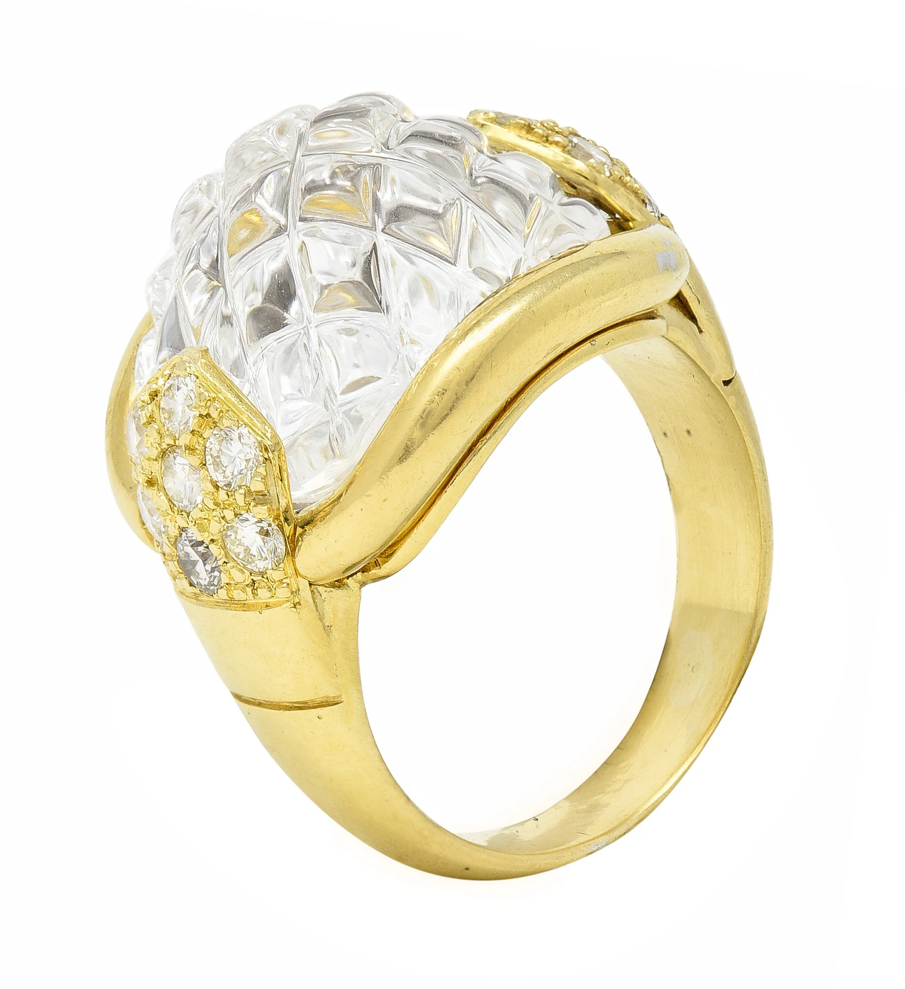 Sabbadini 1980's 0.56 CTW Diamond Carved Rock Crystal Quartz 18 Karat Yellow Gold Vintage Ring - Image 9