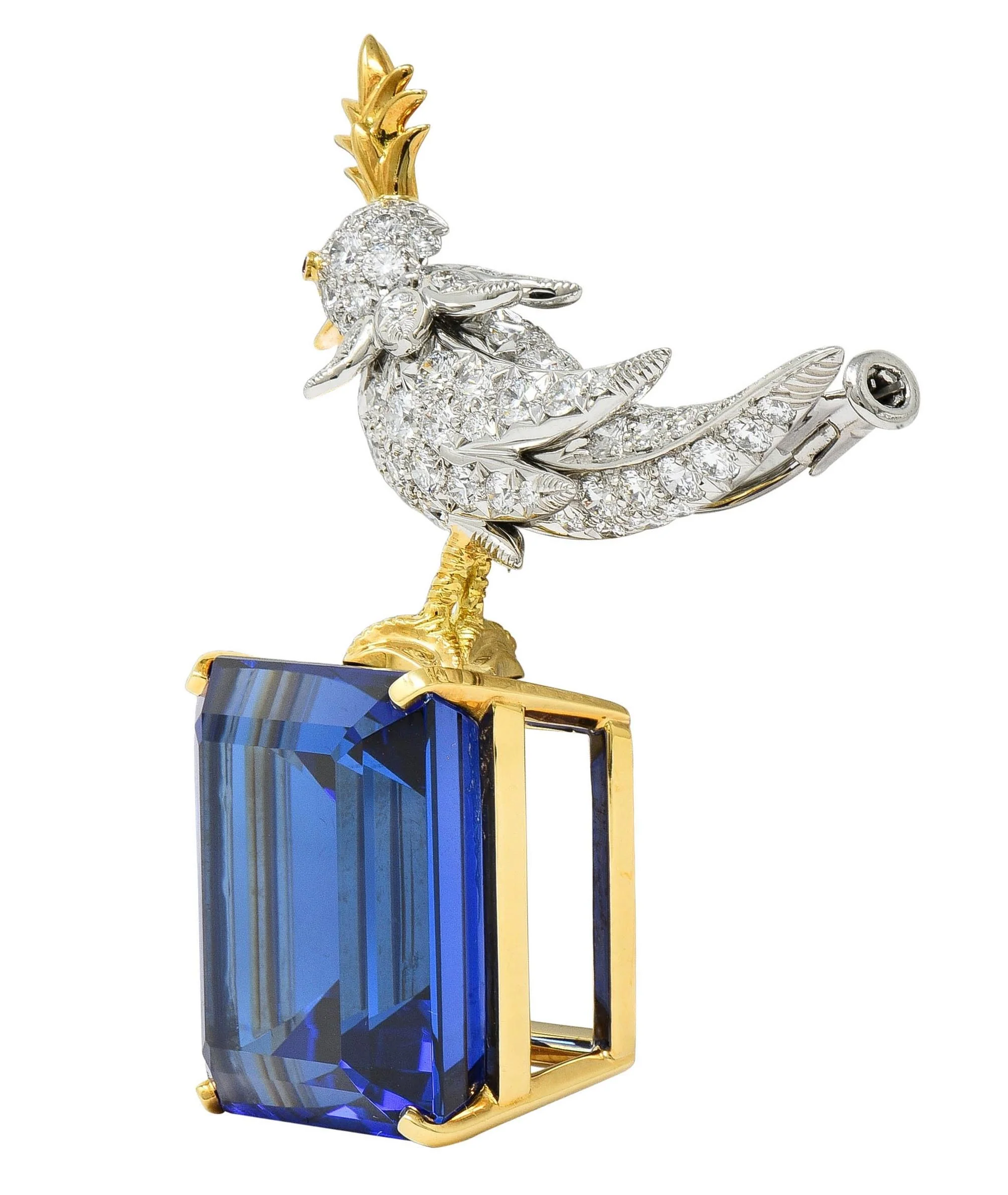 Schlumberger Tiffany & Co. Tanzanite Diamond Platinum 18 Karat Gold Bird On A Rock Unisex Brooch - Image 4