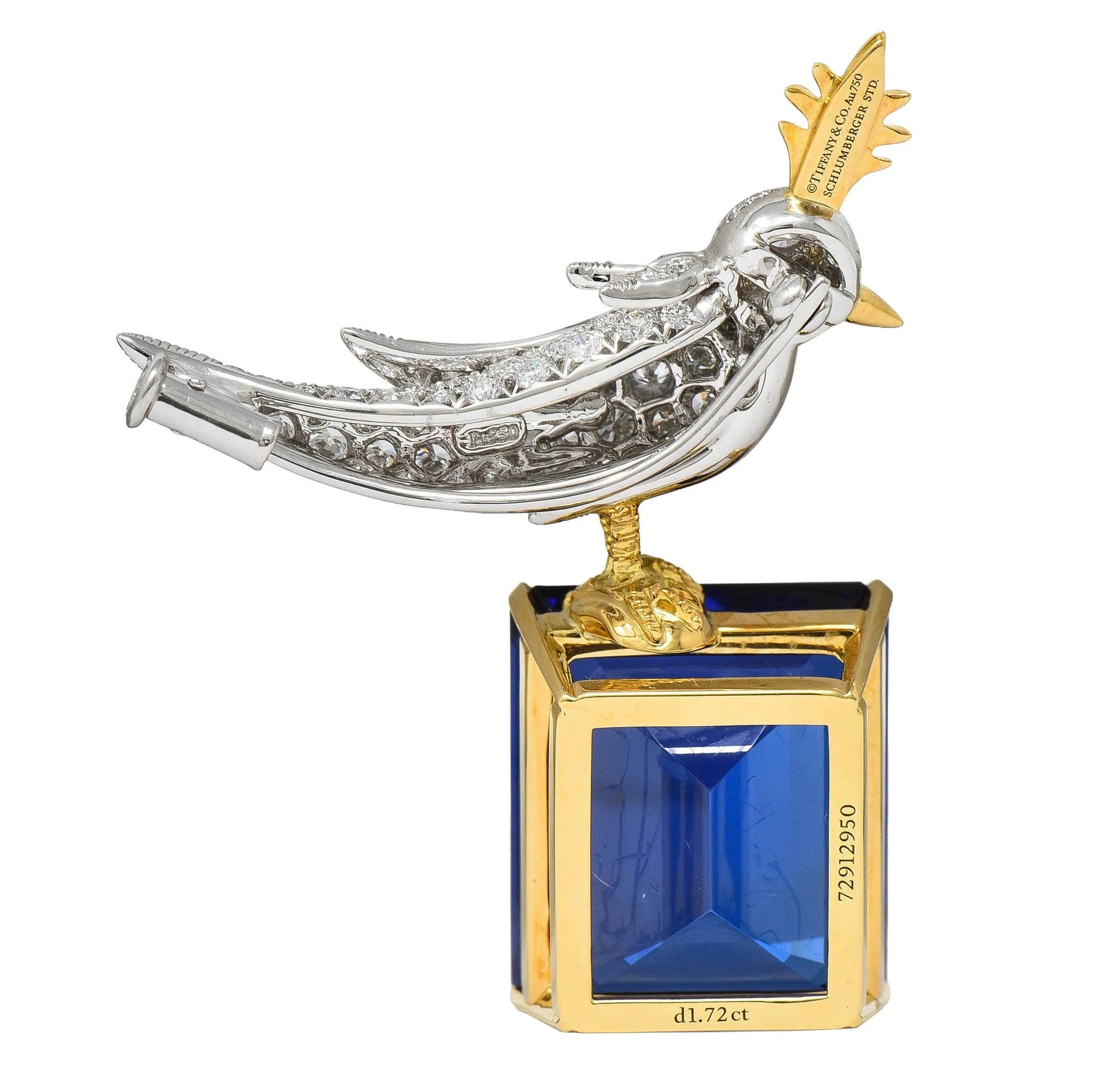 Schlumberger Tiffany & Co. Tanzanite Diamond Platinum 18 Karat Gold Bird On A Rock Unisex Brooch - Image 5