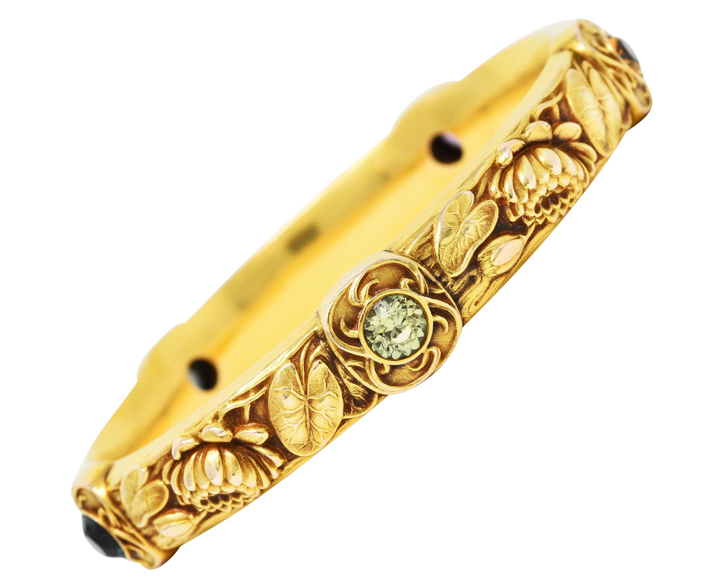 Schumann Son's Riker Bros. Art Nouveau Multi-Color Montana Sapphire 14 Karat Yellow Gold Floral Pad Lotus Antique Bangle Bracelet