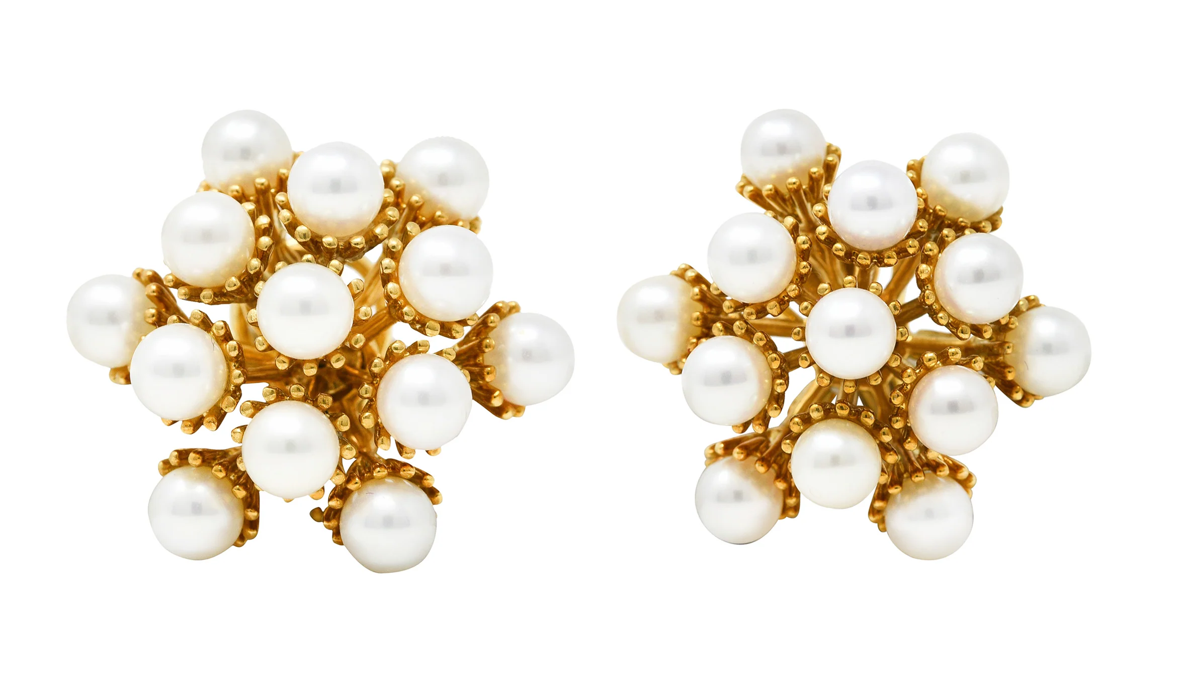 Seaman Schepps 1960's Pearl 18 Karat Yellow Gold Burst Cluster Vintage Earrings