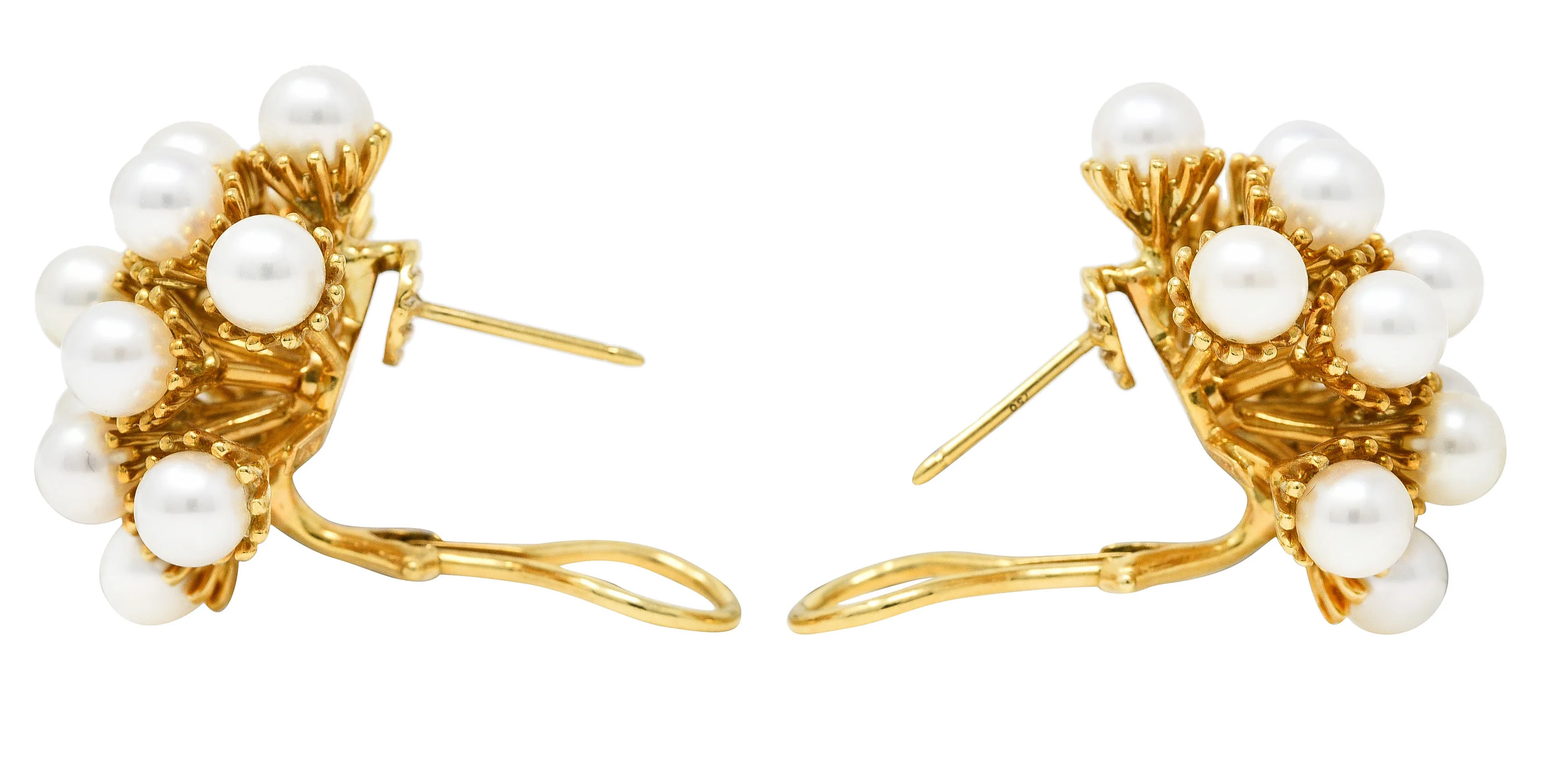 Seaman Schepps 1960's Pearl 18 Karat Yellow Gold Burst Cluster Vintage Earrings - Image 4