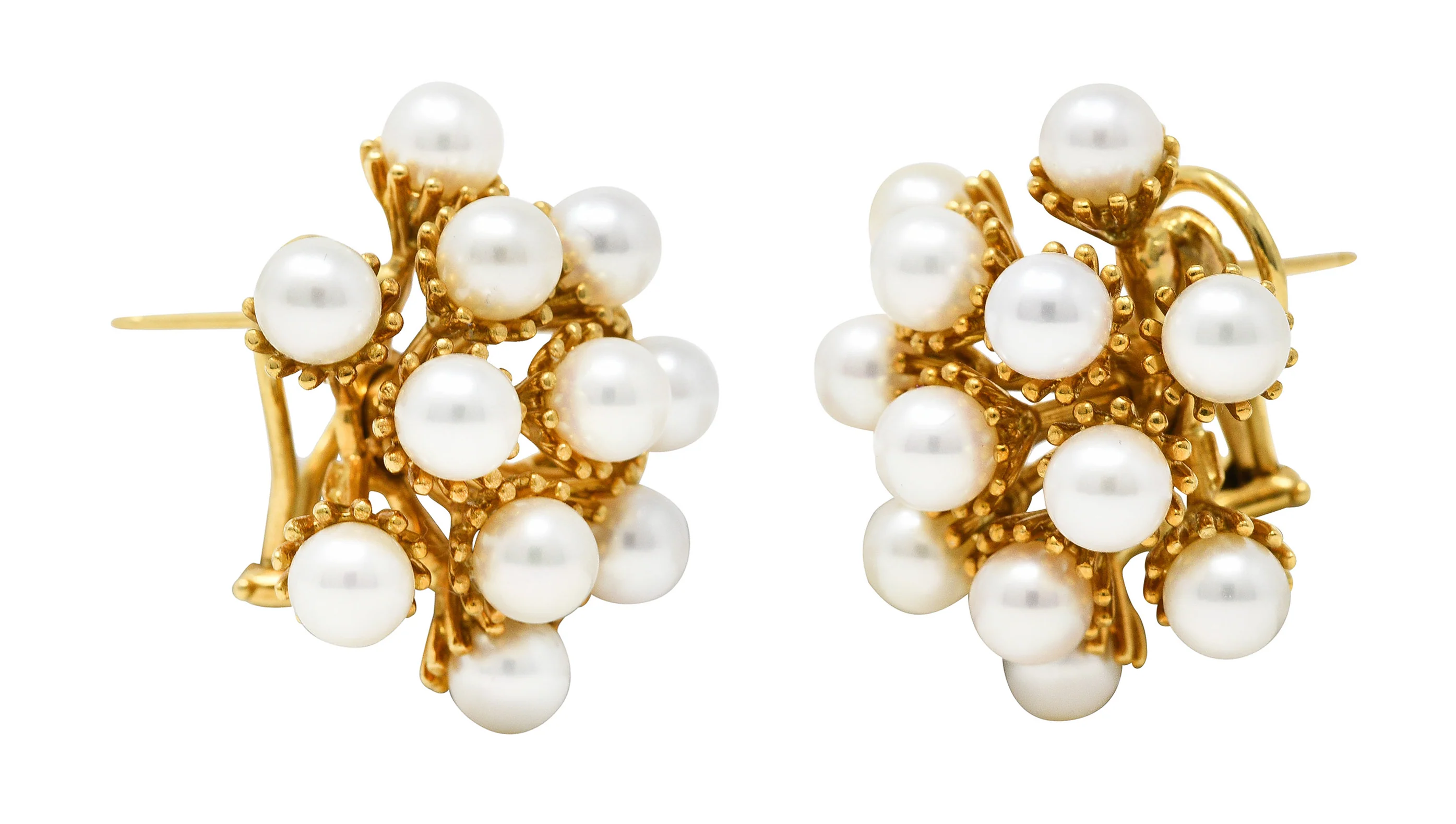 Seaman Schepps 1960's Pearl 18 Karat Yellow Gold Burst Cluster Vintage Earrings - Image 7