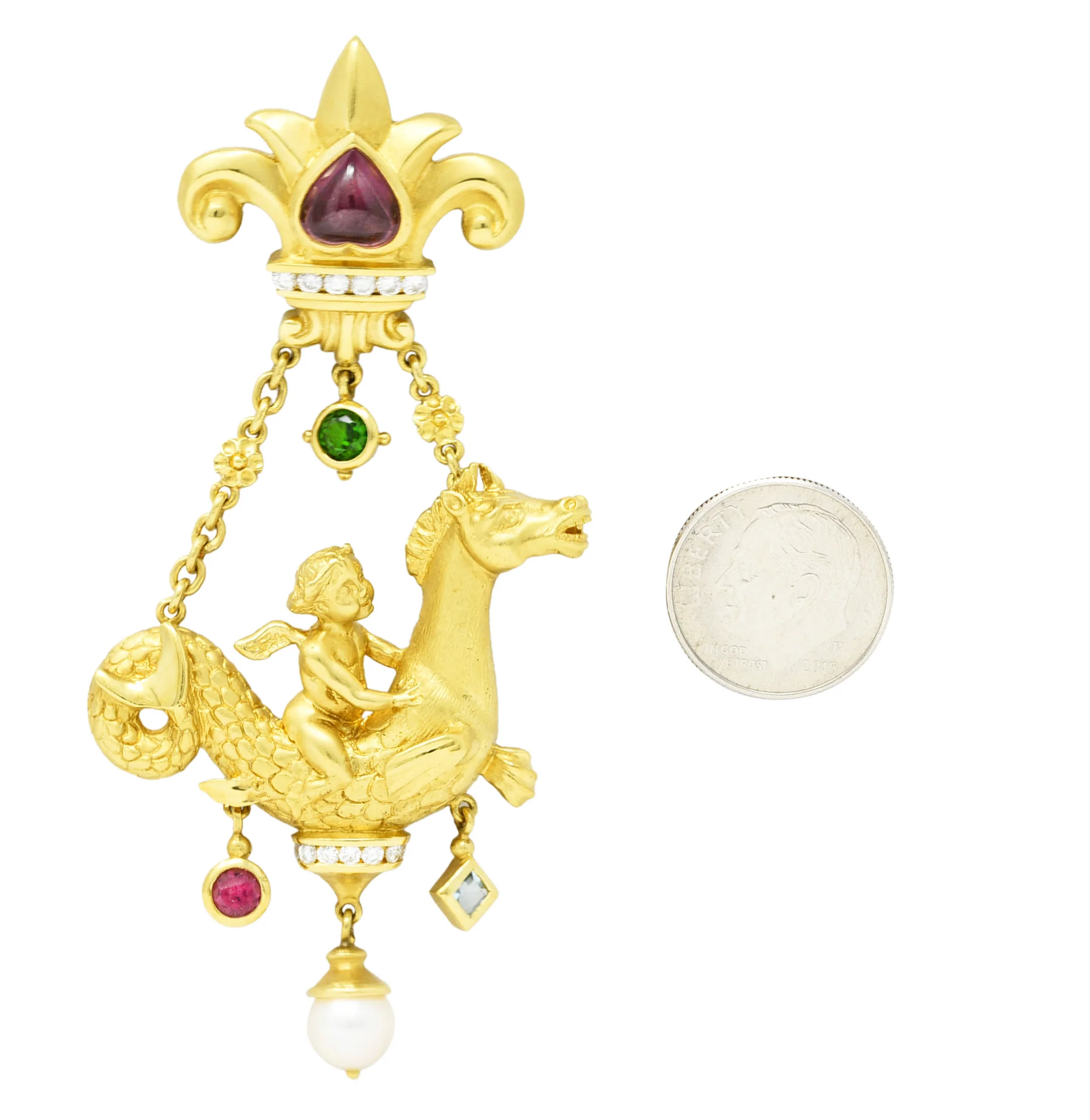 SeidenGang 1980's Diamond Pearl Tourmaline Peridot Aquamarine 18 Karat Yellow Gold Cherub Hippocampus Swagged Vintage Drop Brooch - Image 11