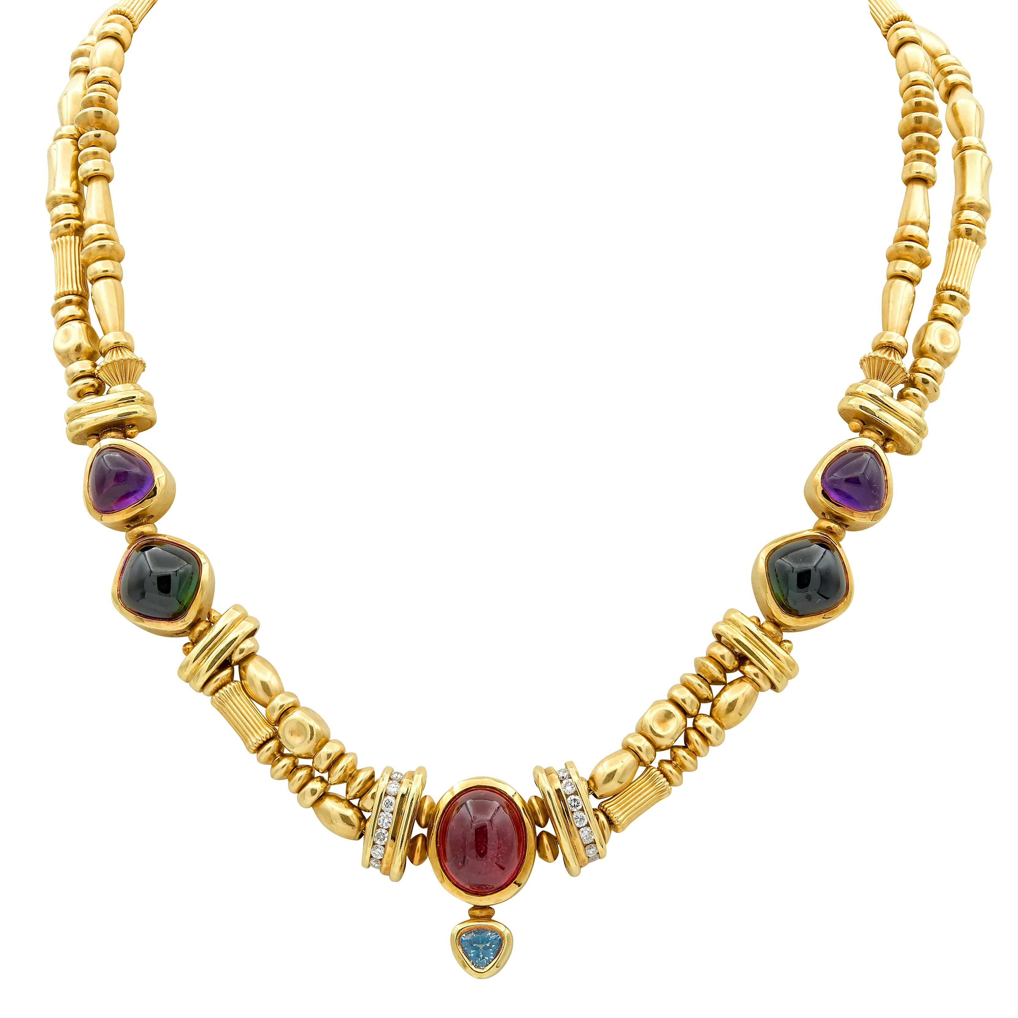 SeidenGang 1990's Diamond Multi-Gem 18 Karat Yellow Gold Vintage Multi-Strand Station Necklace