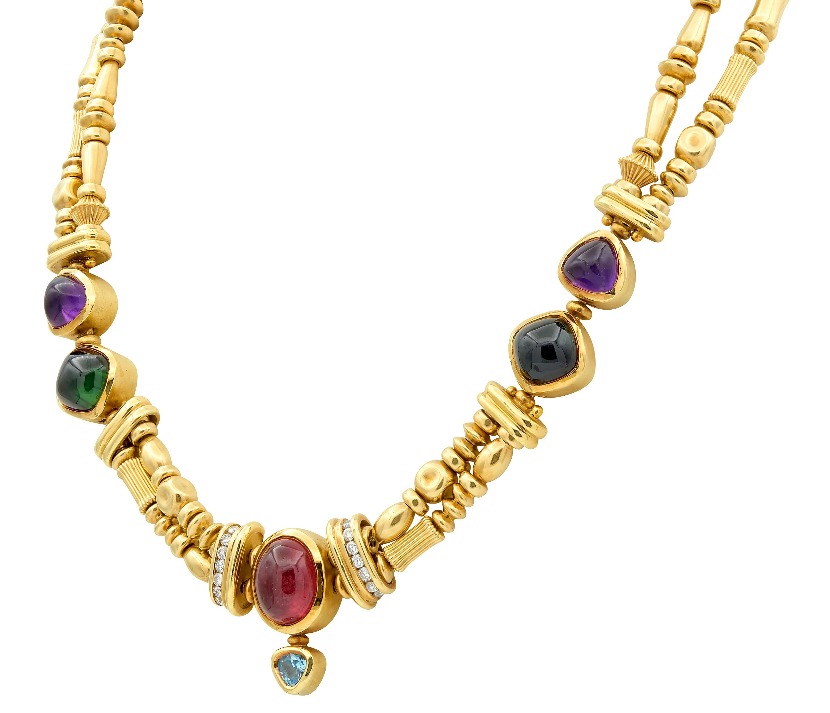 SeidenGang 1990's Diamond Multi-Gem 18 Karat Yellow Gold Vintage Multi-Strand Station Necklace - Image 6