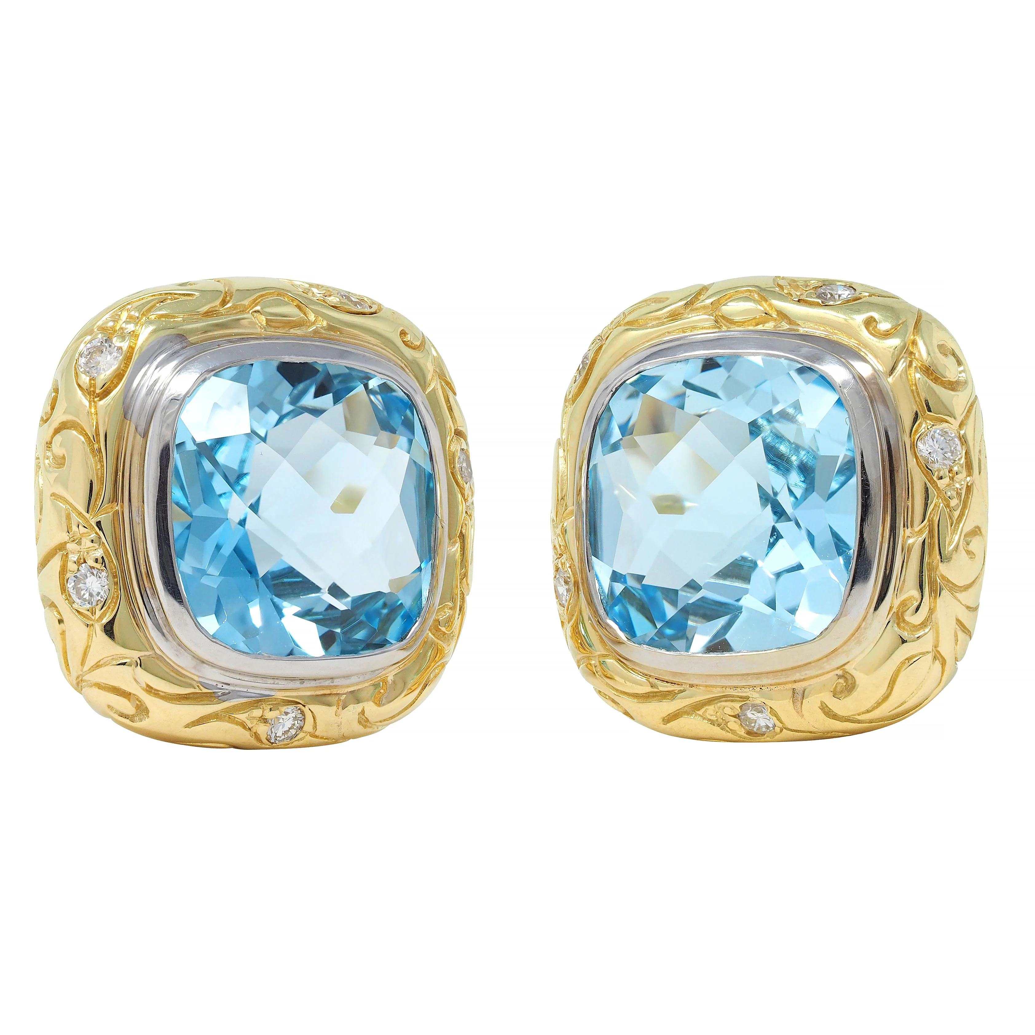 SeidenGang Blue Topaz Diamond 18 Karat Two-Tone Gold Vintage Cushion Ear-Clip Earrings - Image 5