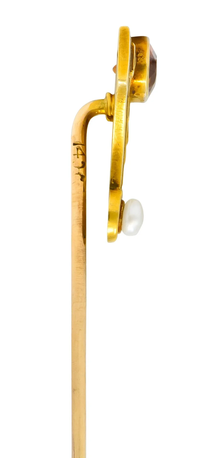 Sloan & Co. Art Nouveau Citrine Pearl 14 Karat Gold Stylized Greek Key Stickpin - Image 5