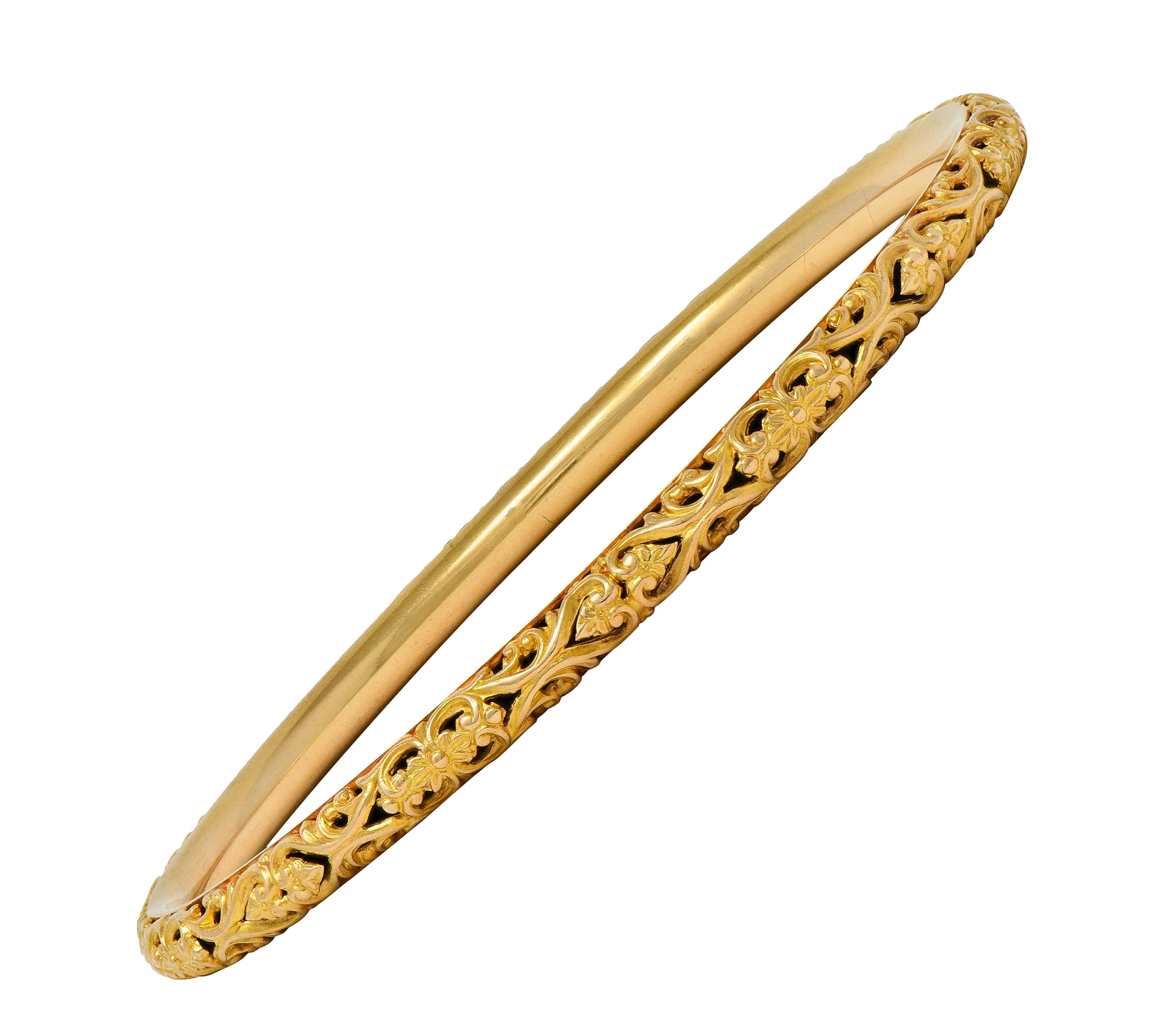 Sloan & Co. Late Victorian 14 Karat Yellow Gold Ornamental Floral Antique Bangle Bracelet