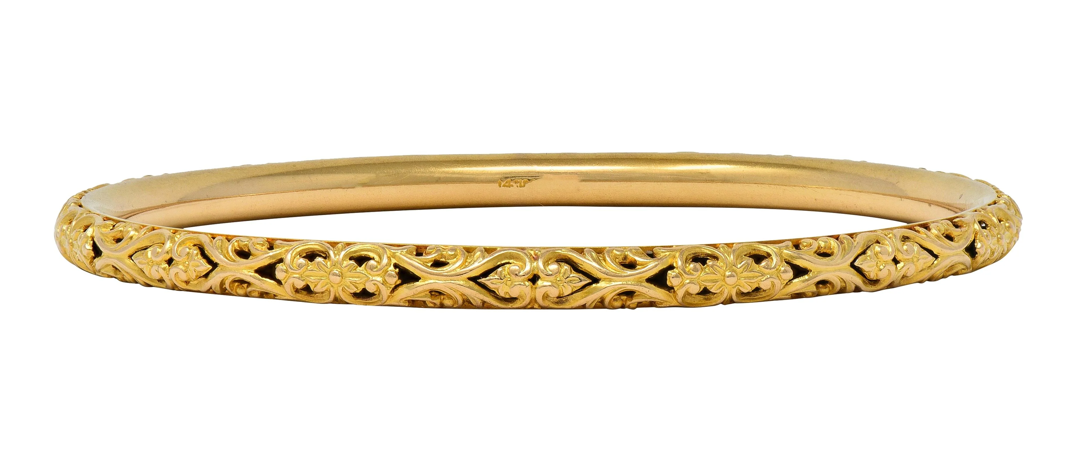 Sloan & Co. Late Victorian 14 Karat Yellow Gold Ornamental Floral Antique Bangle Bracelet - Image 2