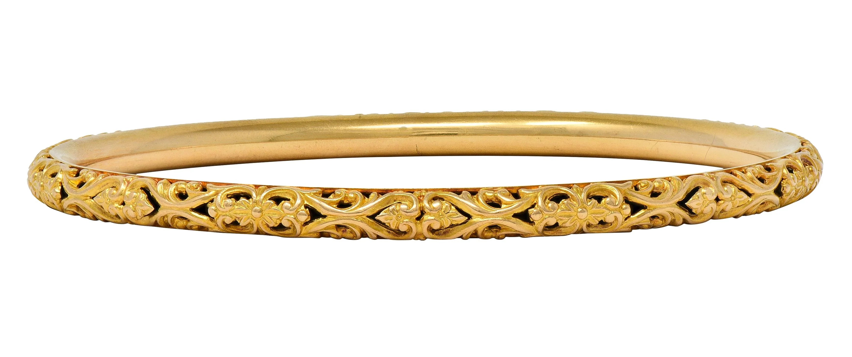 Sloan & Co. Late Victorian 14 Karat Yellow Gold Ornamental Floral Antique Bangle Bracelet - Image 4