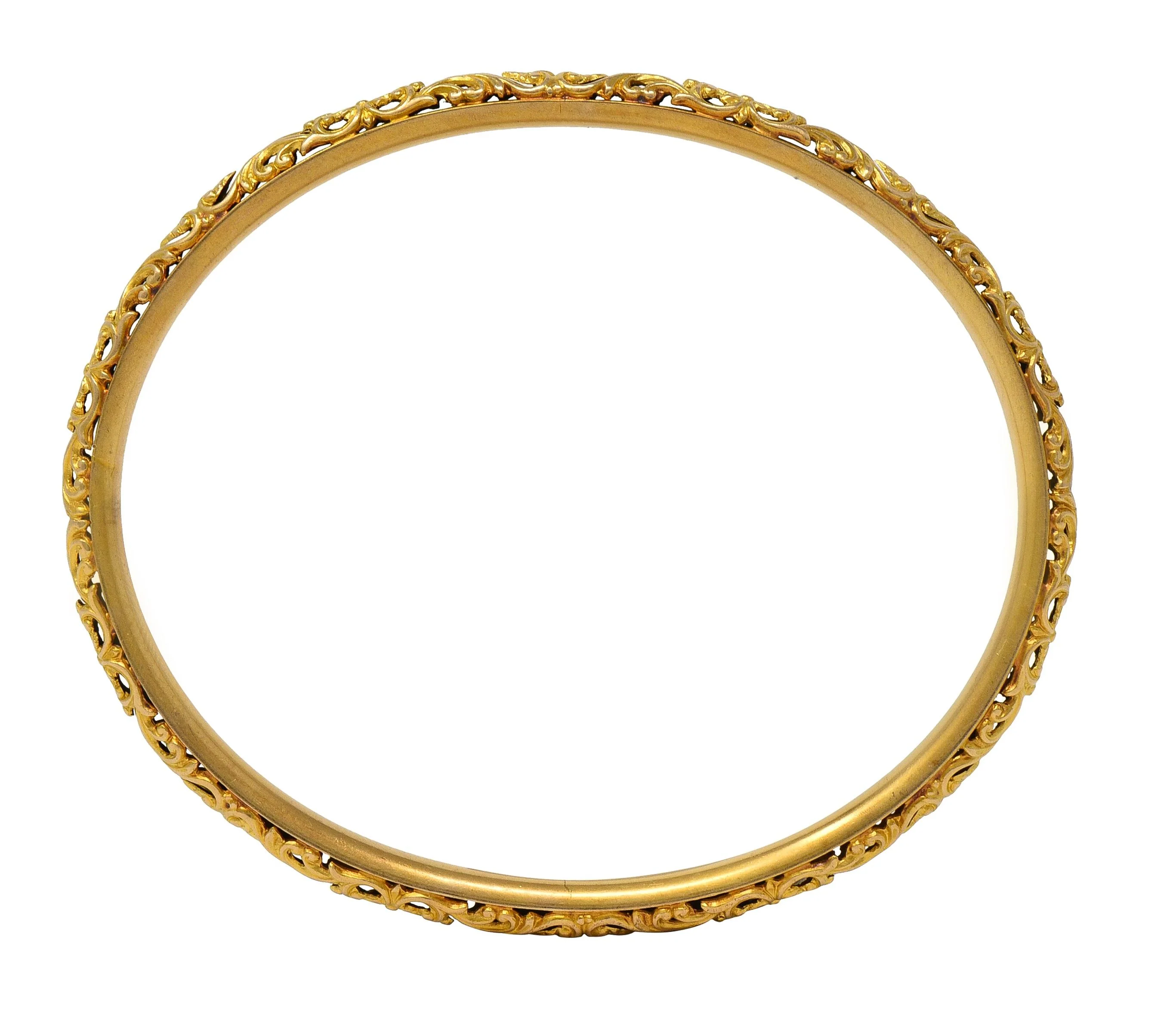 Sloan & Co. Late Victorian 14 Karat Yellow Gold Ornamental Floral Antique Bangle Bracelet - Image 5