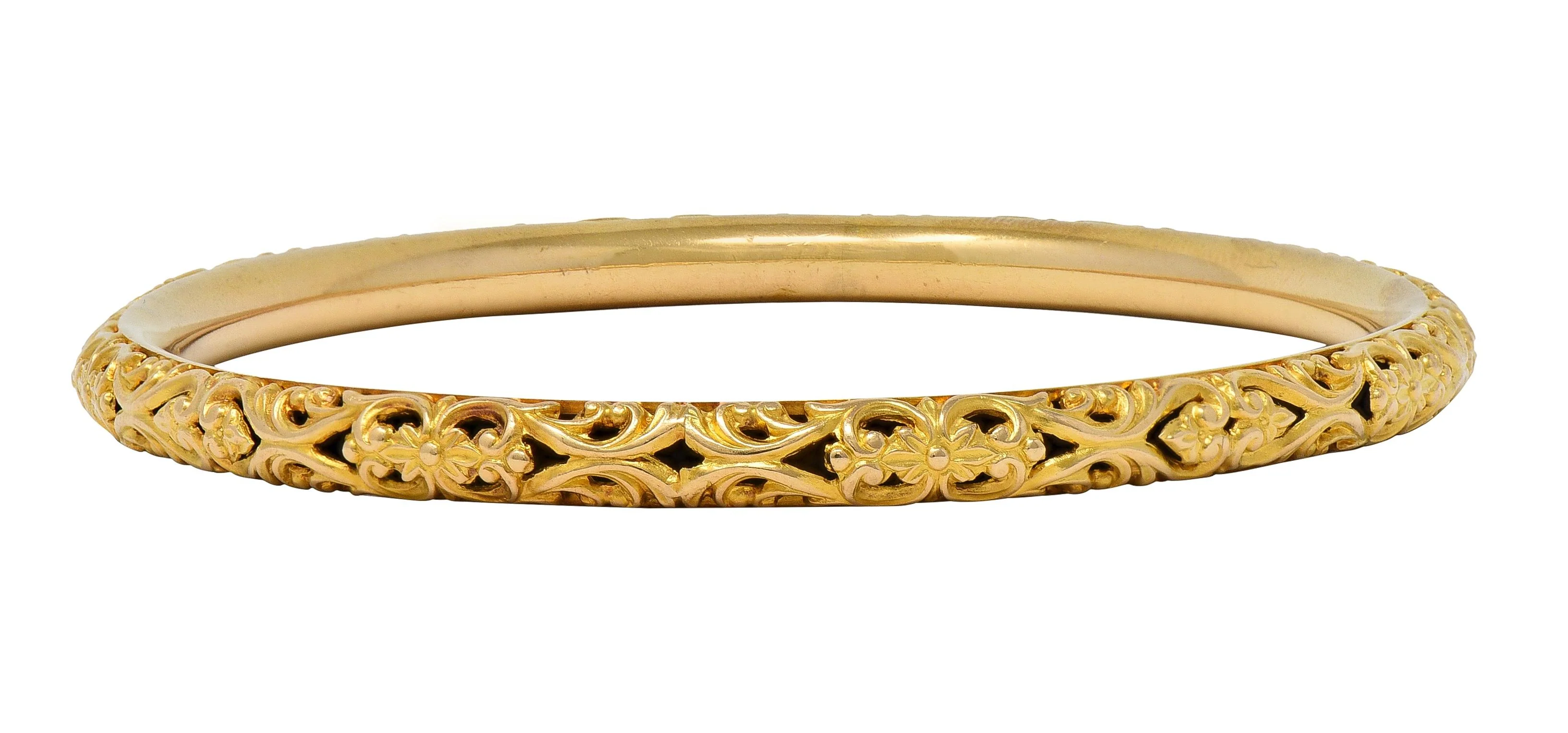 Sloan & Co. Late Victorian 14 Karat Yellow Gold Ornamental Floral Antique Bangle Bracelet - Image 6