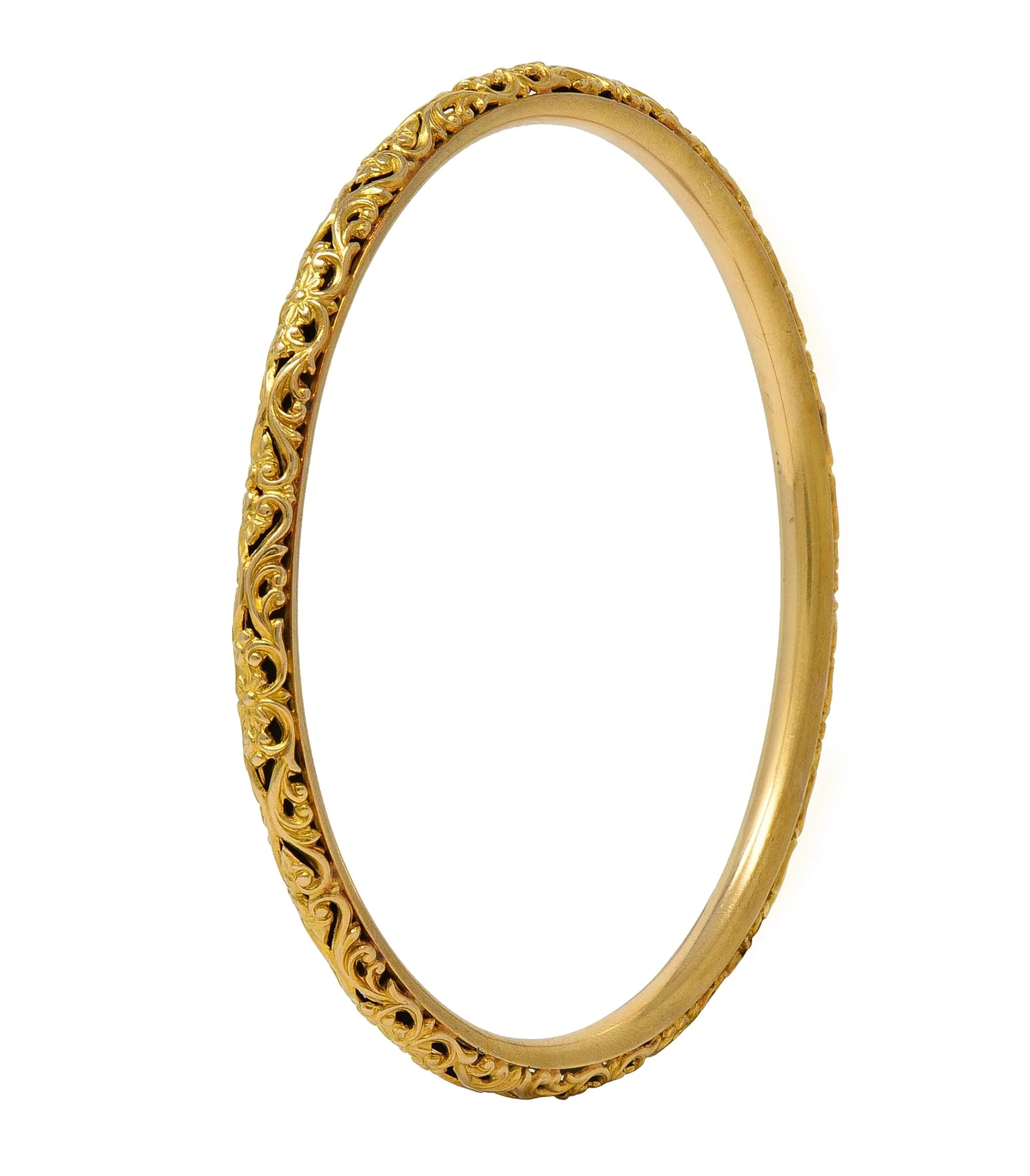 Sloan & Co. Late Victorian 14 Karat Yellow Gold Ornamental Floral Antique Bangle Bracelet - Image 7