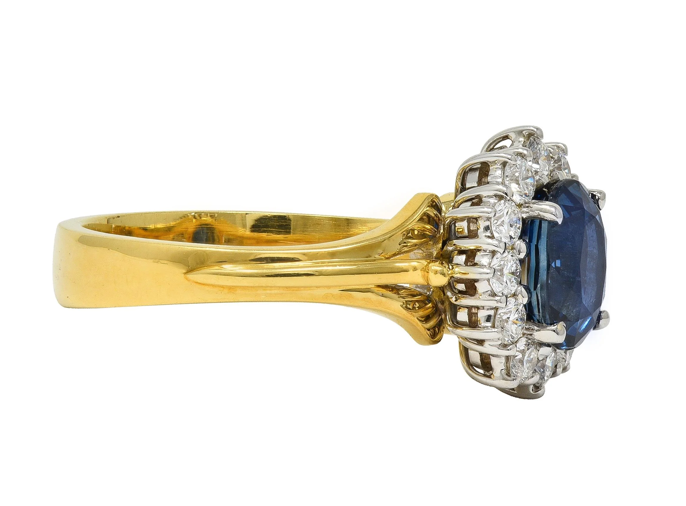 Spark 1990's 2.25 CTW Sapphire Diamond 18 Karat Two-Tone Gold Vintage Halo Ring - Image 2