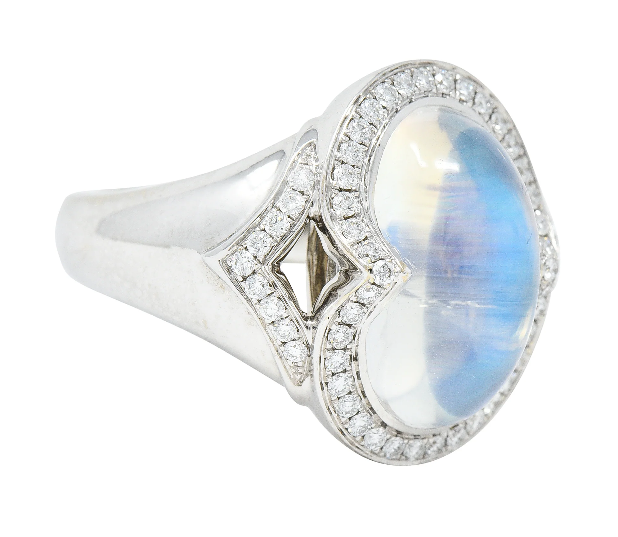 Spark Contemporary Rainbow Moonstone Cabochon Diamond 18 Karat White Gold Halo Ring - Image 2