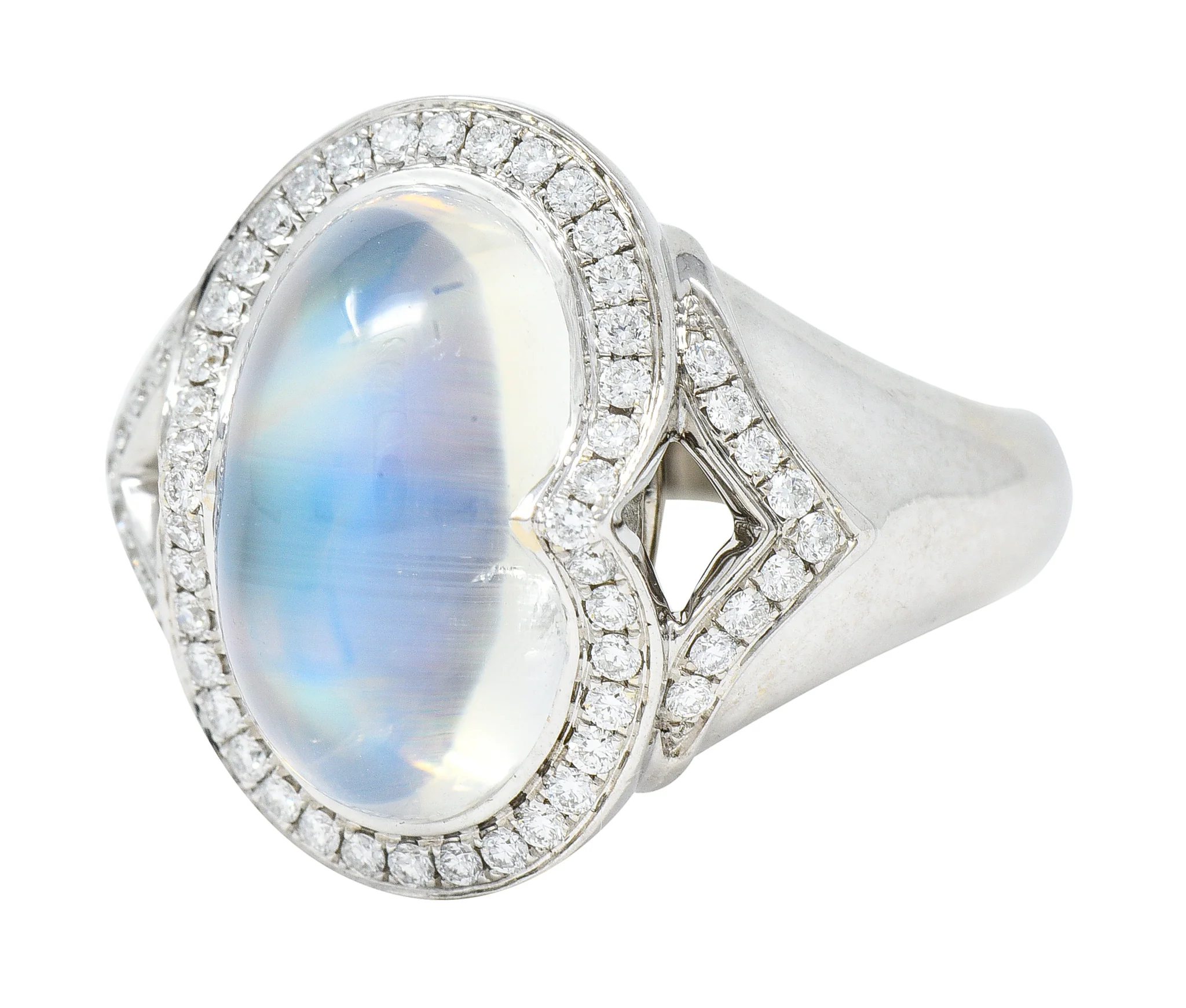 Spark Contemporary Rainbow Moonstone Cabochon Diamond 18 Karat White Gold Halo Ring - Image 6