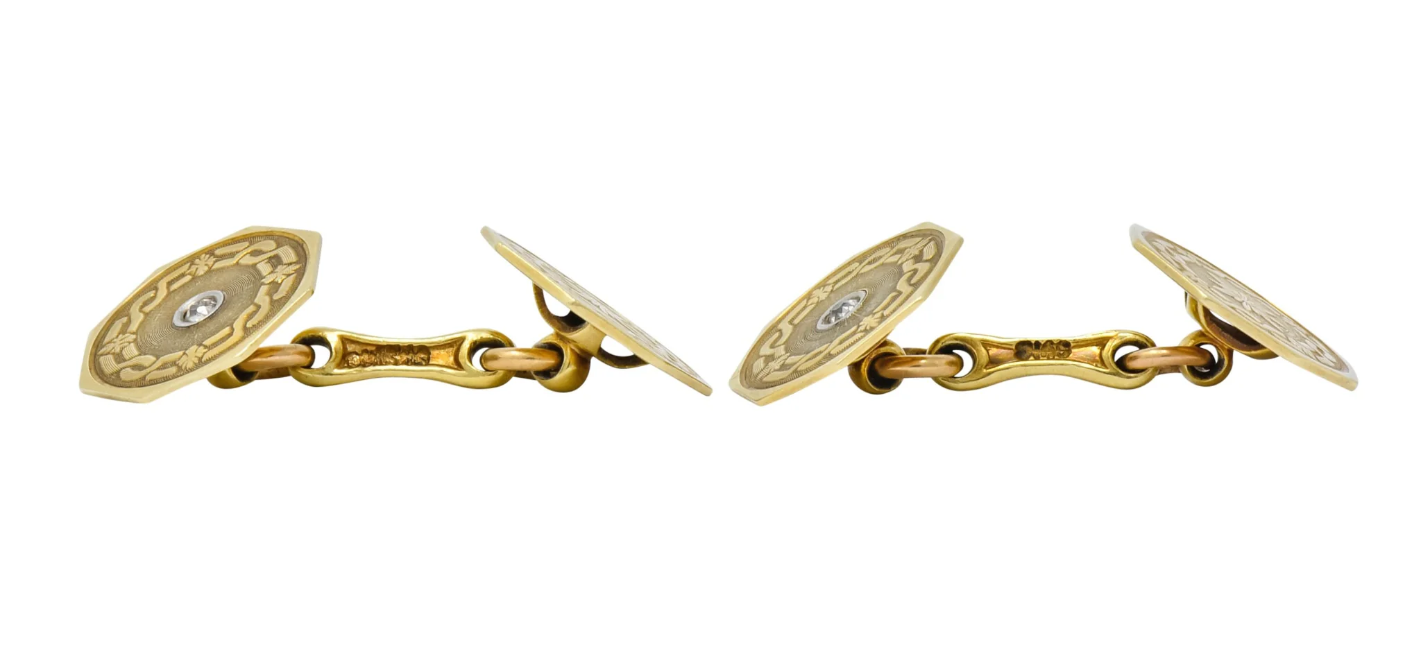 Strobell & Crane 1915 Edwardian Old European Diamond 14 Karat Gold Men's Disk Cufflinks - Image 6