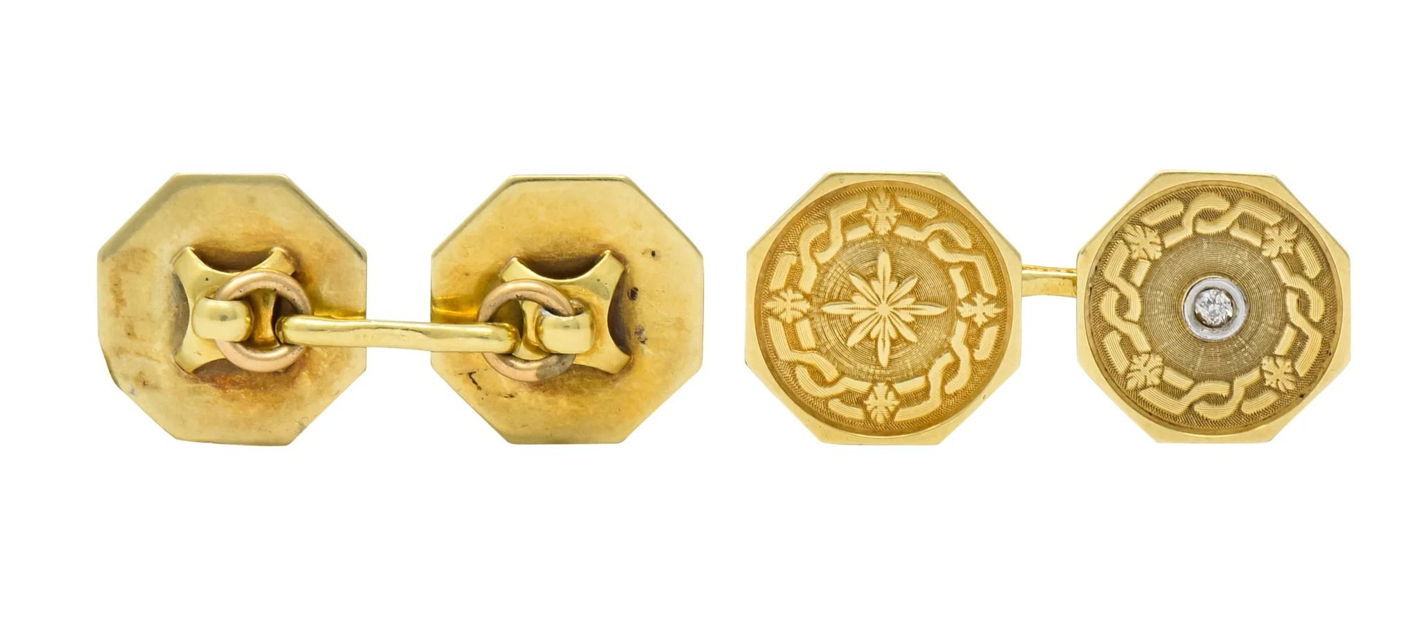 Strobell & Crane 1915 Edwardian Old European Diamond 14 Karat Gold Men's Disk Cufflinks - Image 8