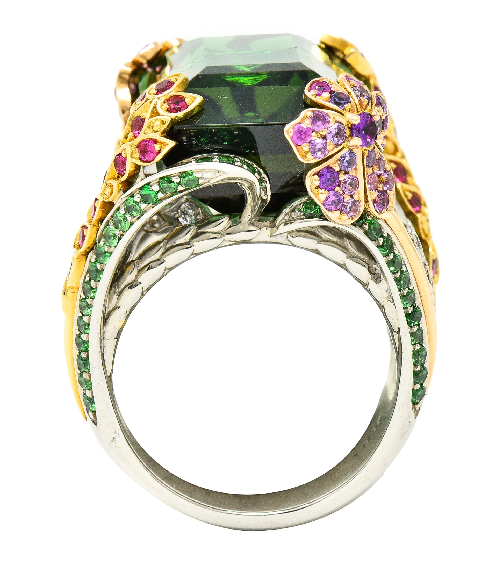 Substantial 28.59 CTW Tourmaline Sapphire Tsavorite Garnet Diamond 19 Karat Yellow Gold Contemporary Cocktail Ring - Image 10