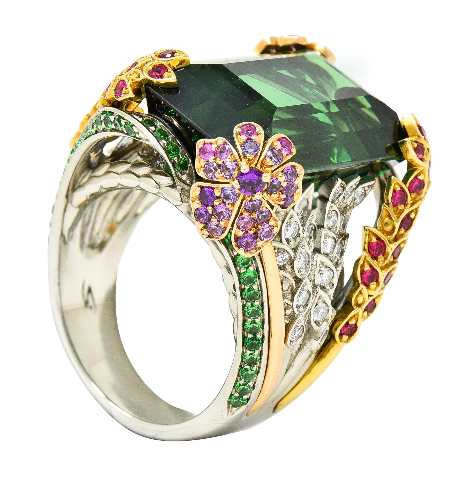 Substantial 28.59 CTW Tourmaline Sapphire Tsavorite Garnet Diamond 19 Karat Yellow Gold Contemporary Cocktail Ring - Image 11