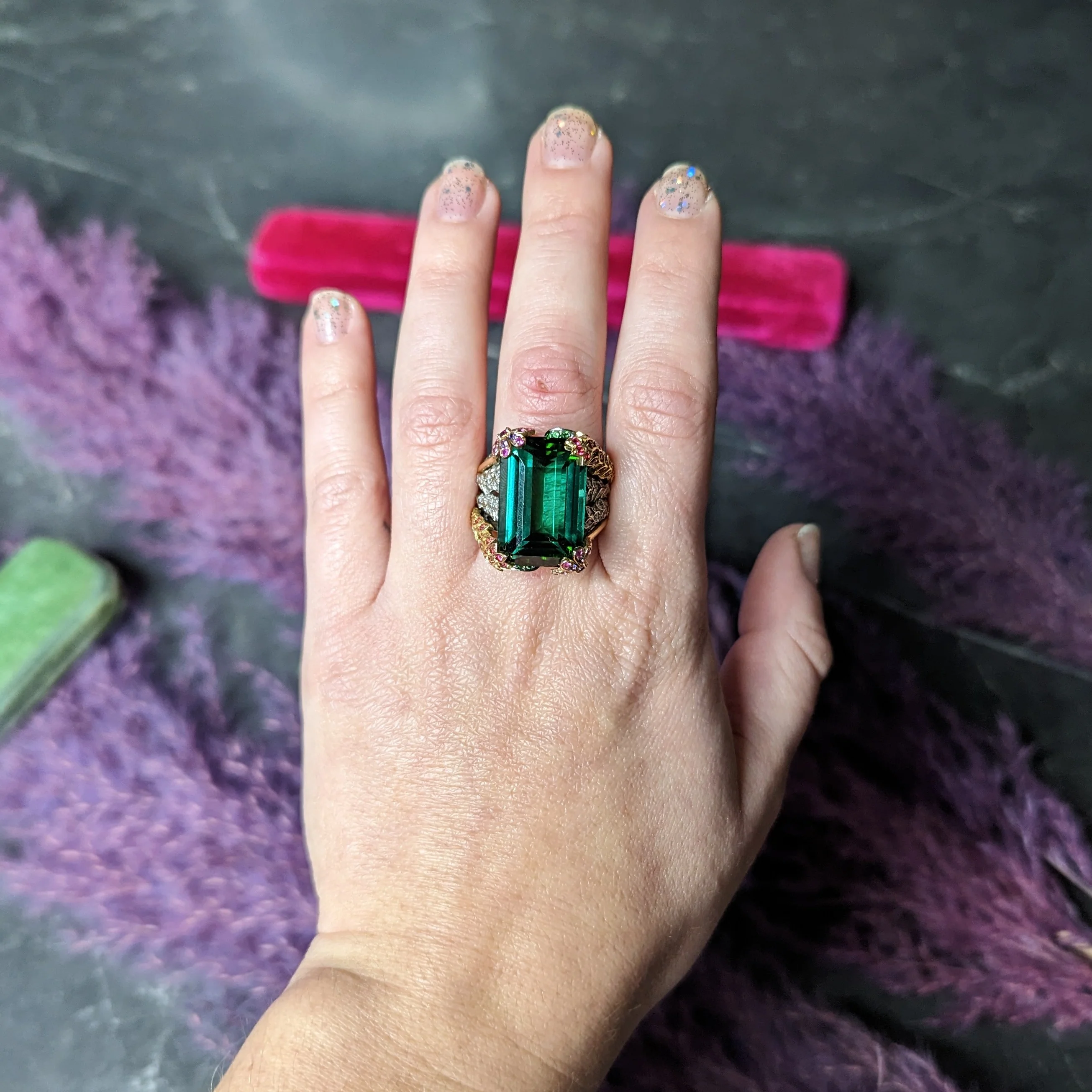 Substantial 28.59 CTW Tourmaline Sapphire Tsavorite Garnet Diamond 19 Karat Yellow Gold Contemporary Cocktail Ring - Image 13