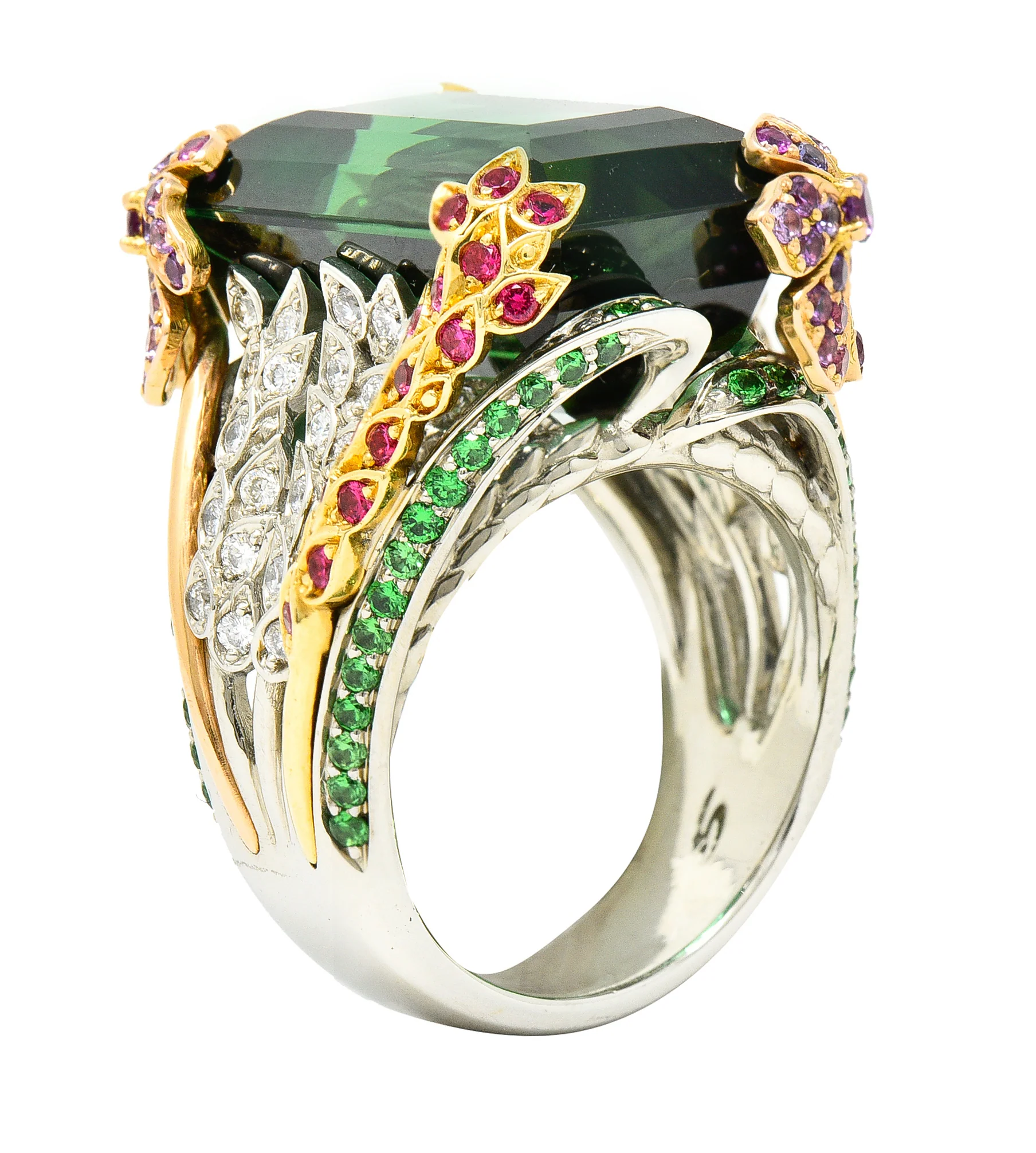 Substantial 28.59 CTW Tourmaline Sapphire Tsavorite Garnet Diamond 19 Karat Yellow Gold Contemporary Cocktail Ring - Image 2