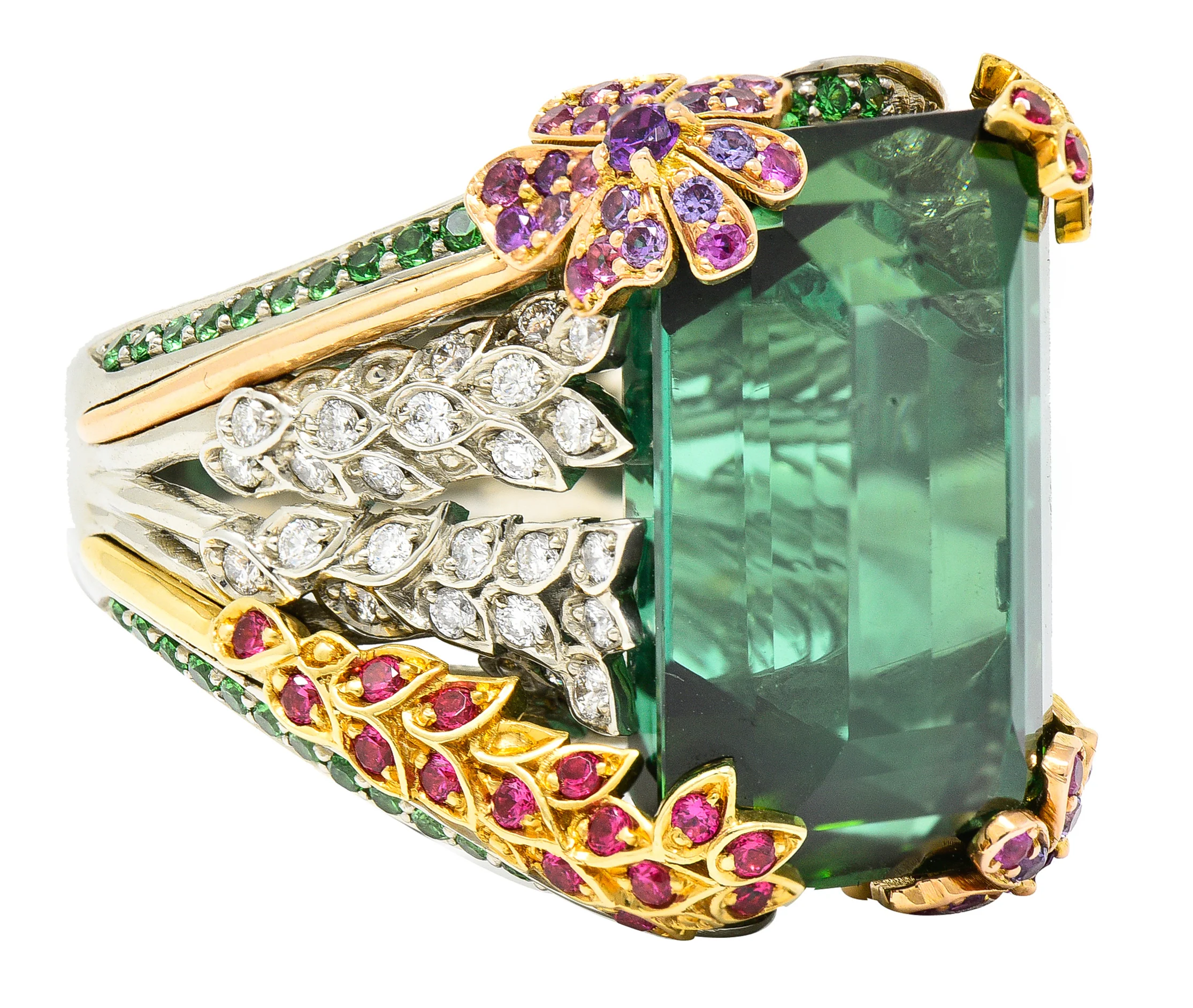 Substantial 28.59 CTW Tourmaline Sapphire Tsavorite Garnet Diamond 19 Karat Yellow Gold Contemporary Cocktail Ring - Image 3