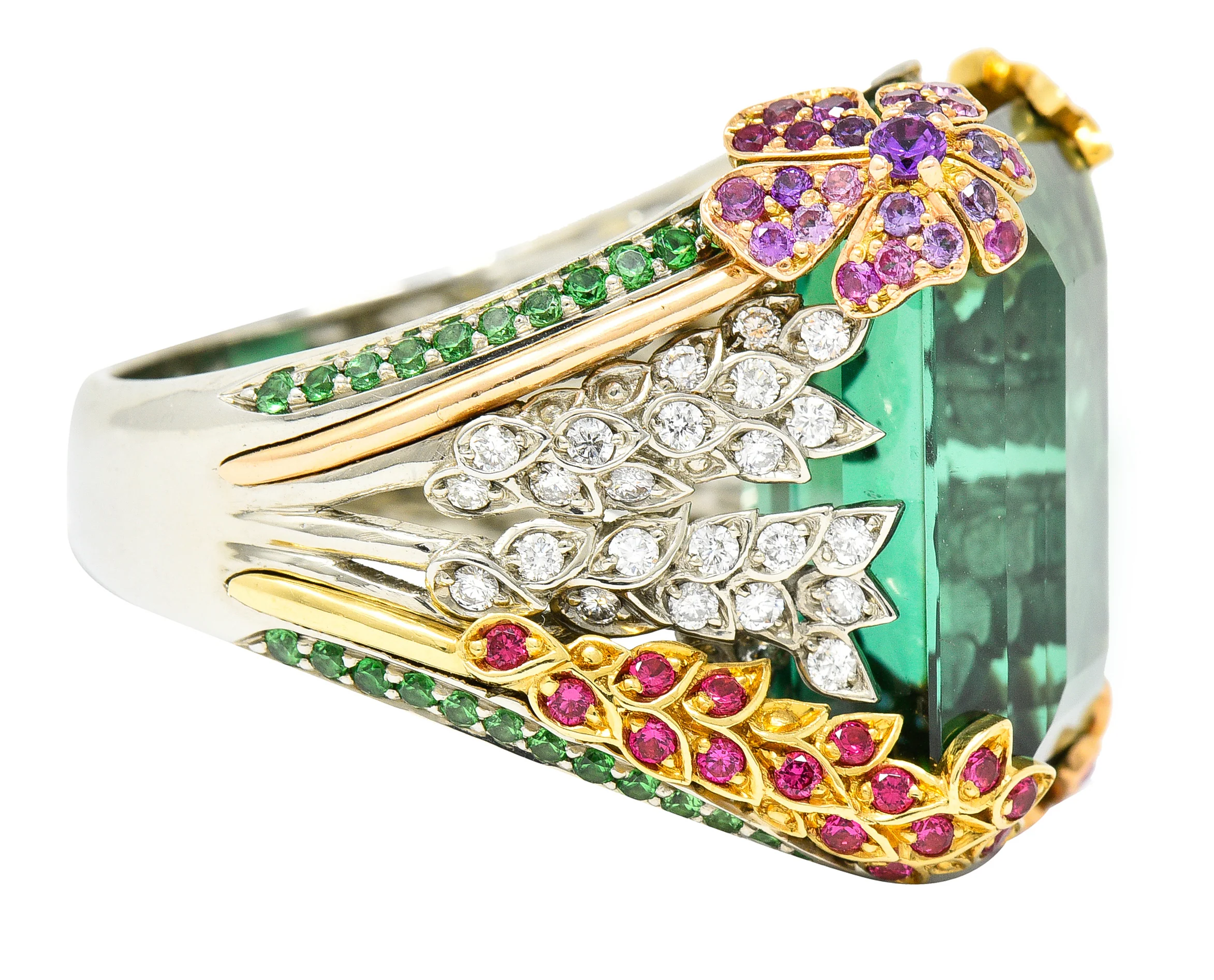 Substantial 28.59 CTW Tourmaline Sapphire Tsavorite Garnet Diamond 19 Karat Yellow Gold Contemporary Cocktail Ring - Image 4