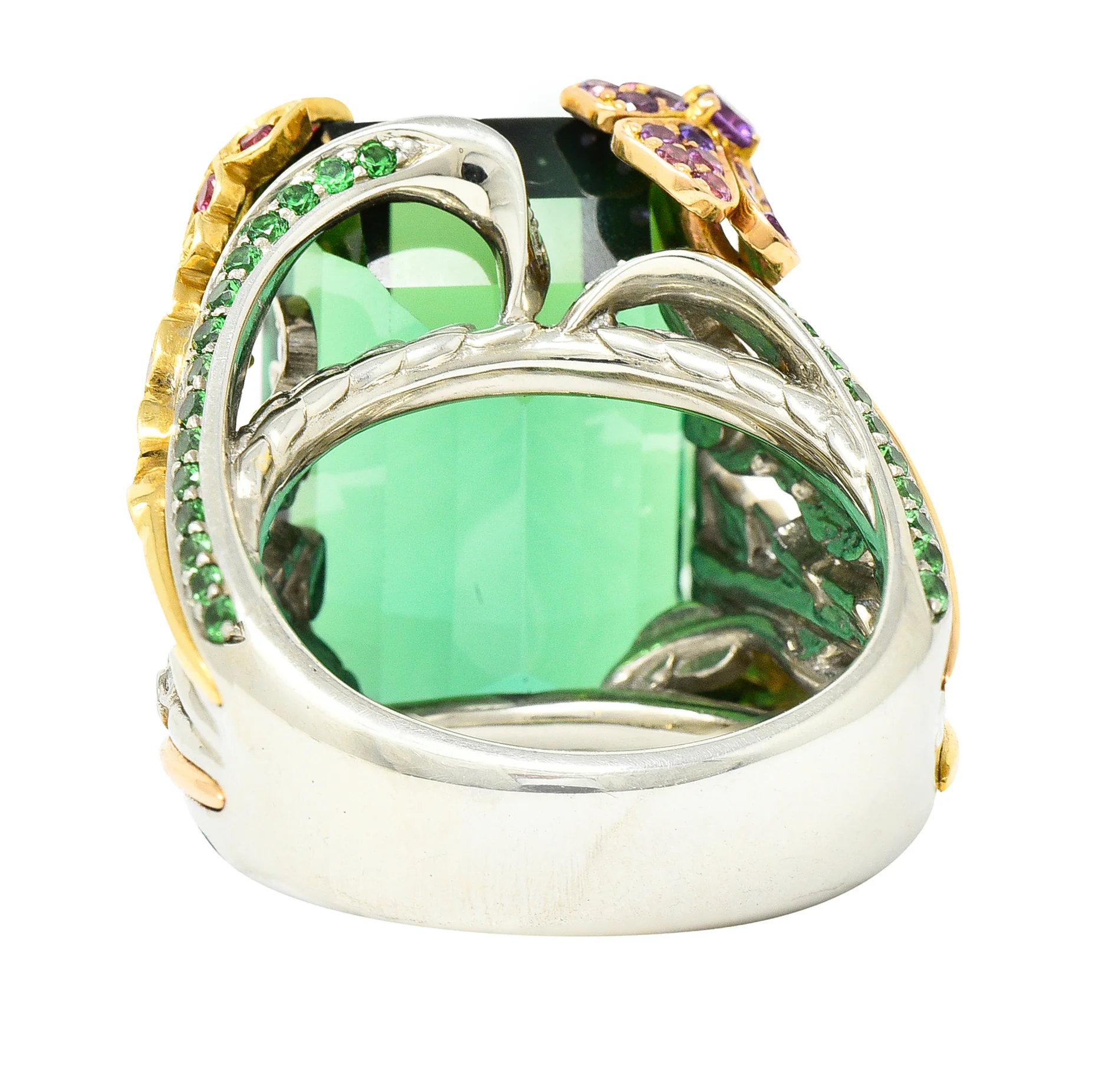 Substantial 28.59 CTW Tourmaline Sapphire Tsavorite Garnet Diamond 19 Karat Yellow Gold Contemporary Cocktail Ring - Image 5