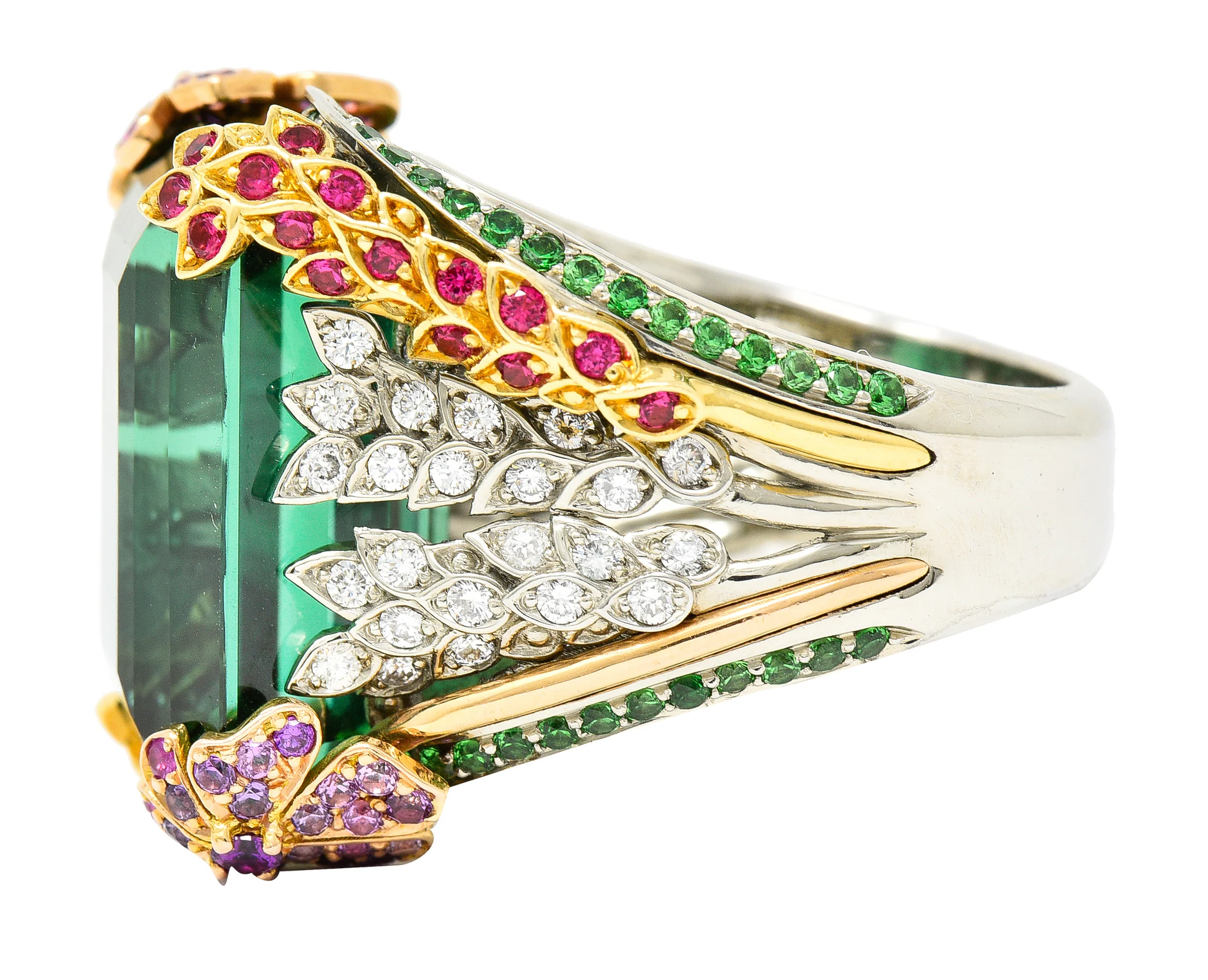 Substantial 28.59 CTW Tourmaline Sapphire Tsavorite Garnet Diamond 19 Karat Yellow Gold Contemporary Cocktail Ring - Image 6