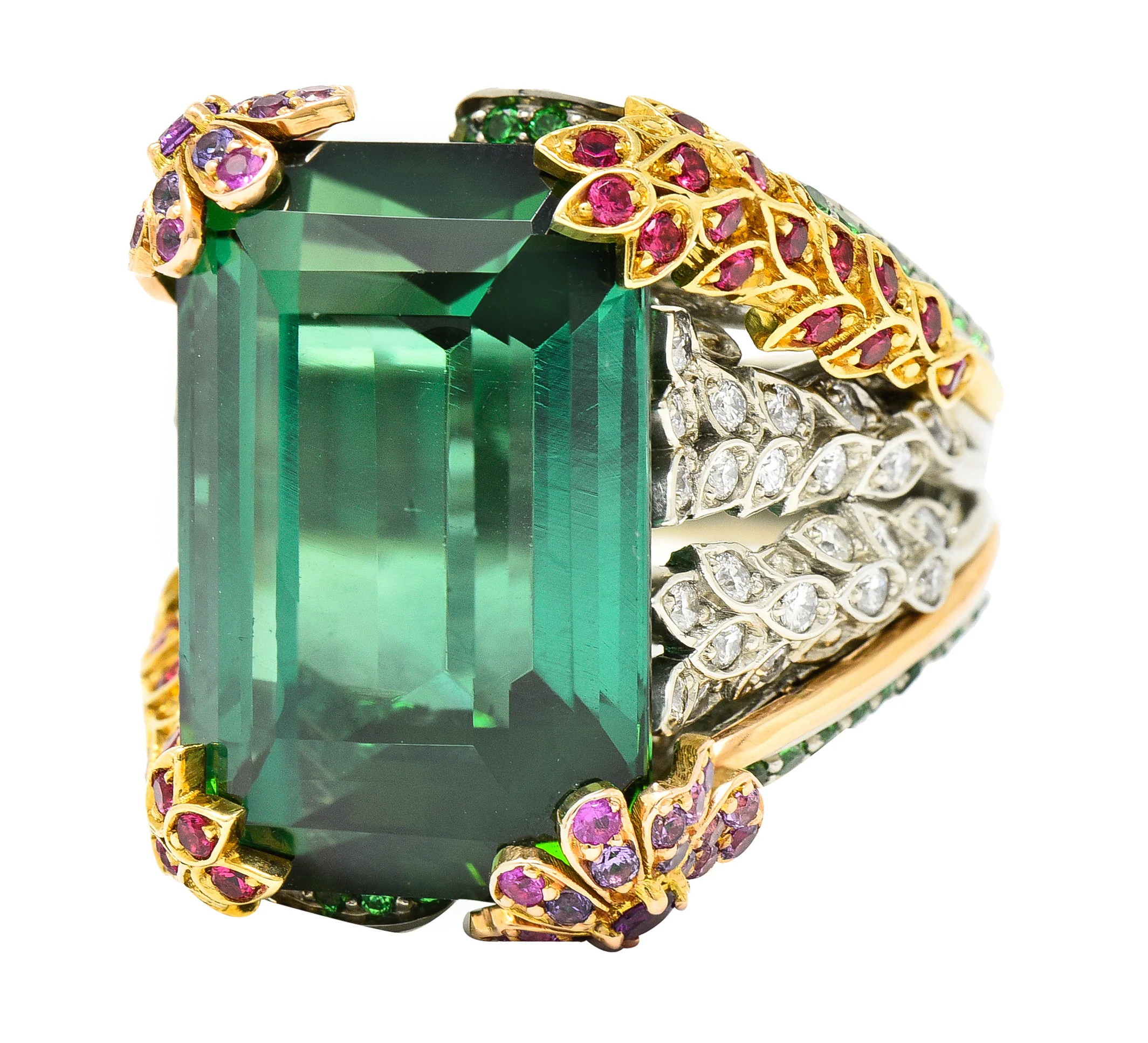 Substantial 28.59 CTW Tourmaline Sapphire Tsavorite Garnet Diamond 19 Karat Yellow Gold Contemporary Cocktail Ring - Image 7