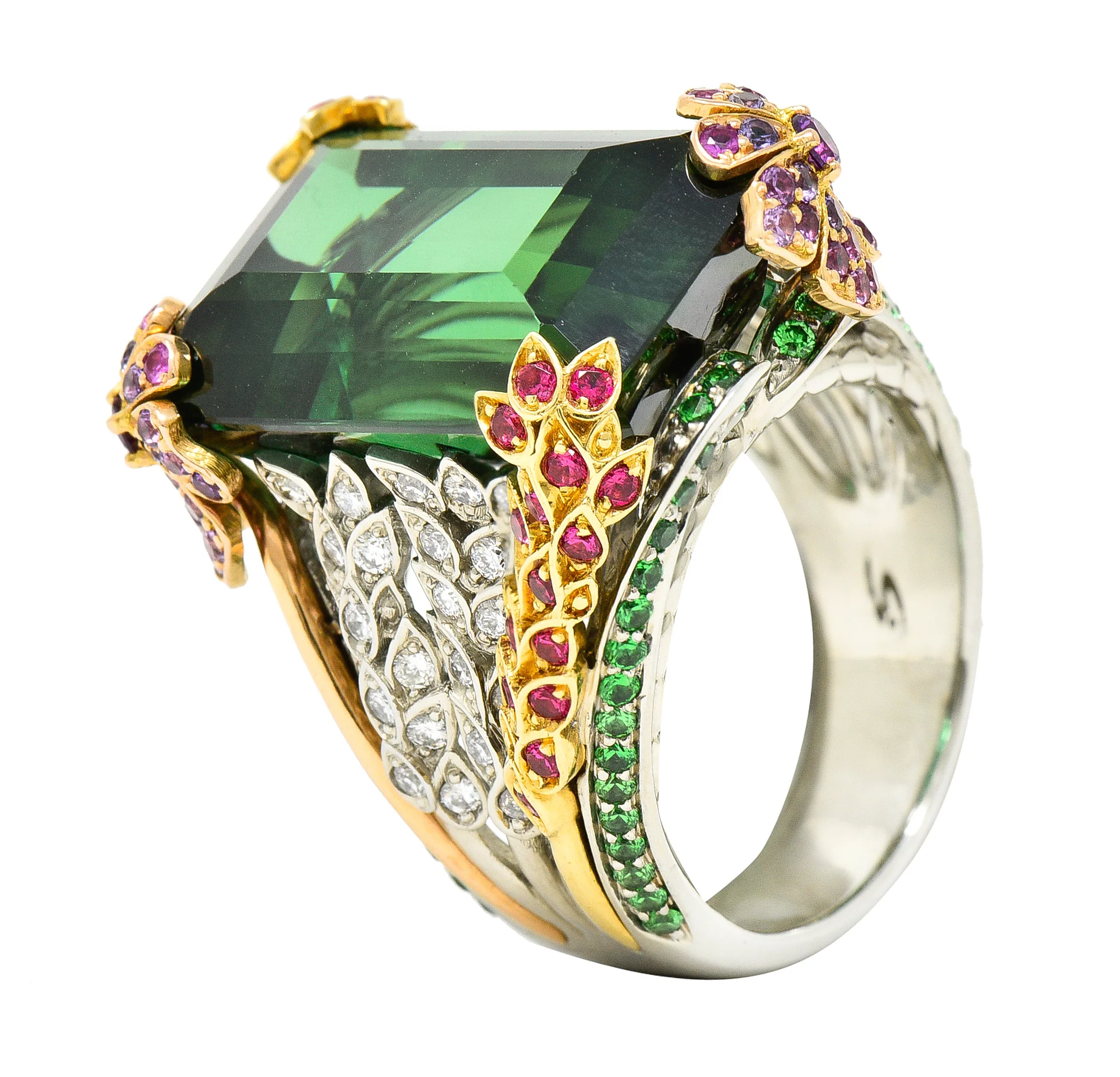 Substantial 28.59 CTW Tourmaline Sapphire Tsavorite Garnet Diamond 19 Karat Yellow Gold Contemporary Cocktail Ring - Image 8