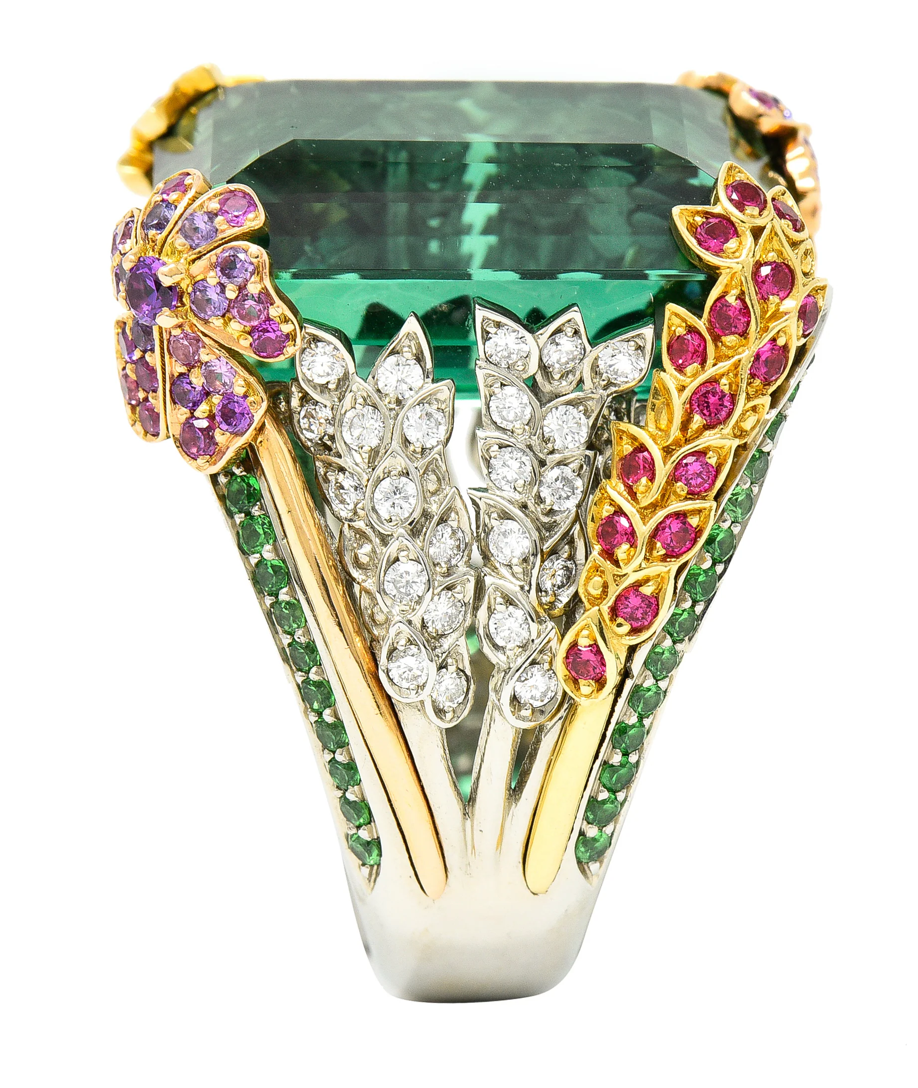 Substantial 28.59 CTW Tourmaline Sapphire Tsavorite Garnet Diamond 19 Karat Yellow Gold Contemporary Cocktail Ring - Image 9