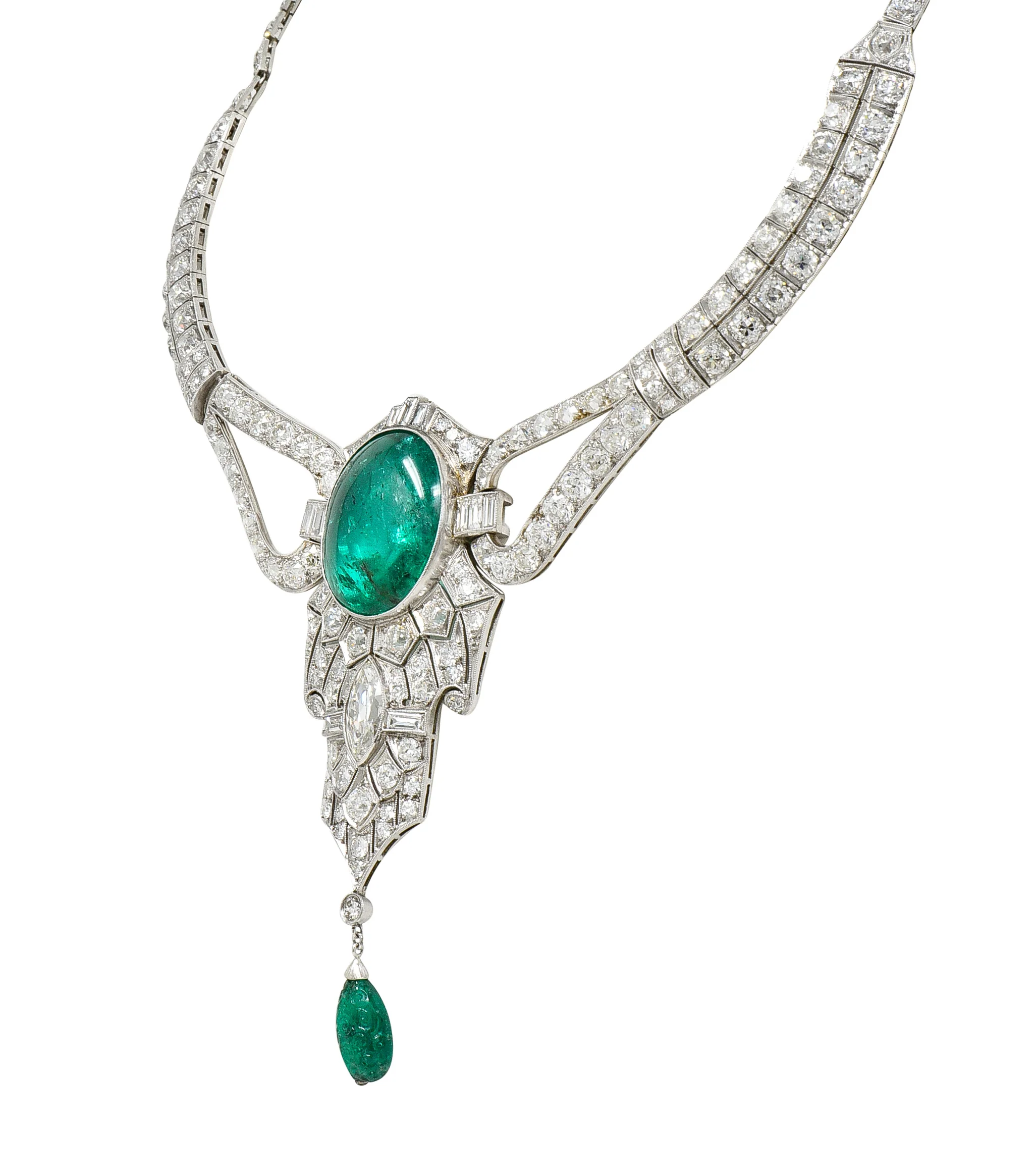 Substantial Art Deco 49.10 CTW Emerald Diamond Platinum Streamline Vintage Station Drop Necklace - Image 4